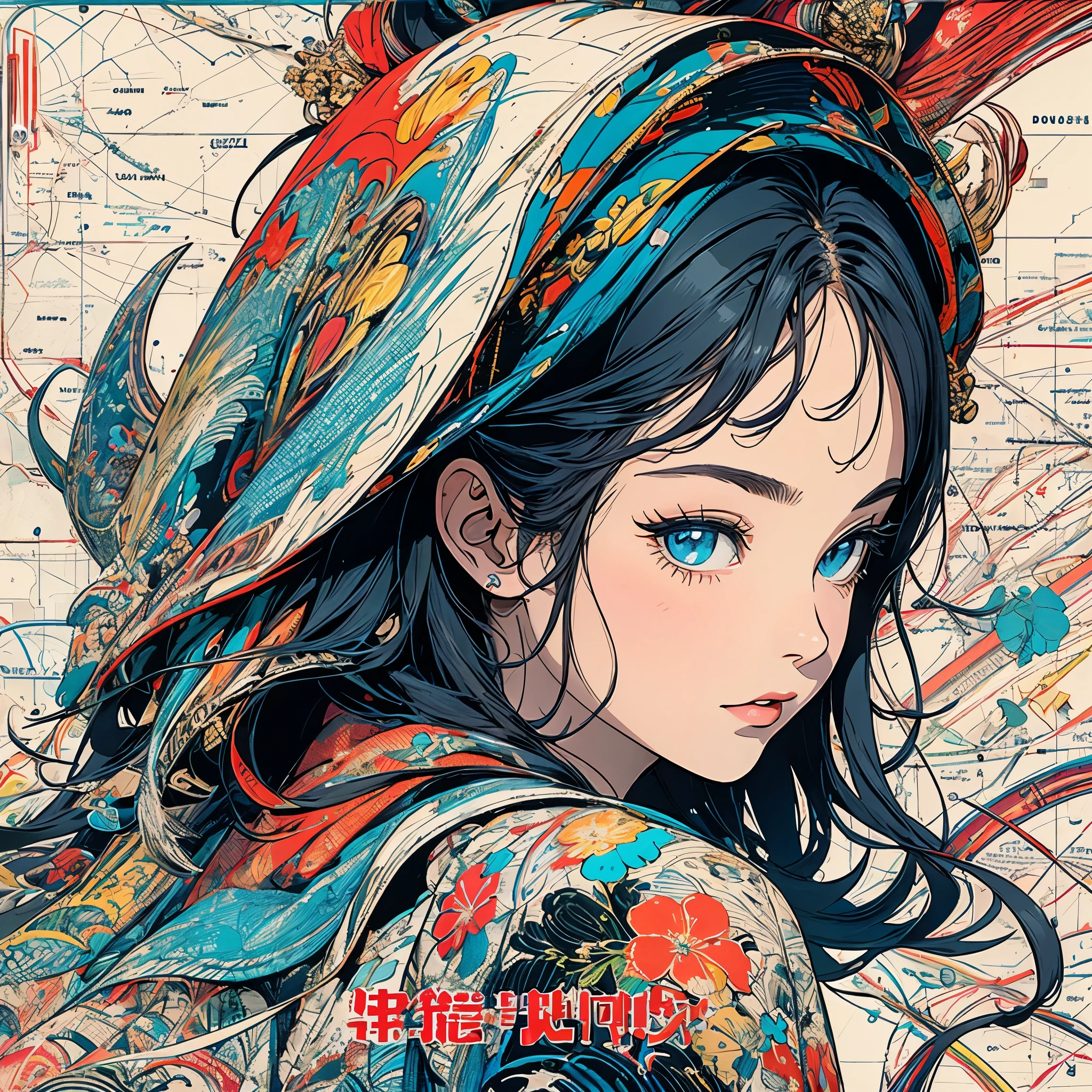 (masterpiece, highest quality), 32k,(highly detailed beautiful woman), poster,SF,1960s,1970s,bauhaus, shape, abstract, Advertisement,movie 映画のposter, vintage,retro,futuristic,anime,ultimate map,Perfect rainbow,highlight,highly detailed eyes,Mr.々angle、非常に詳細な多種多Mr.な表情,