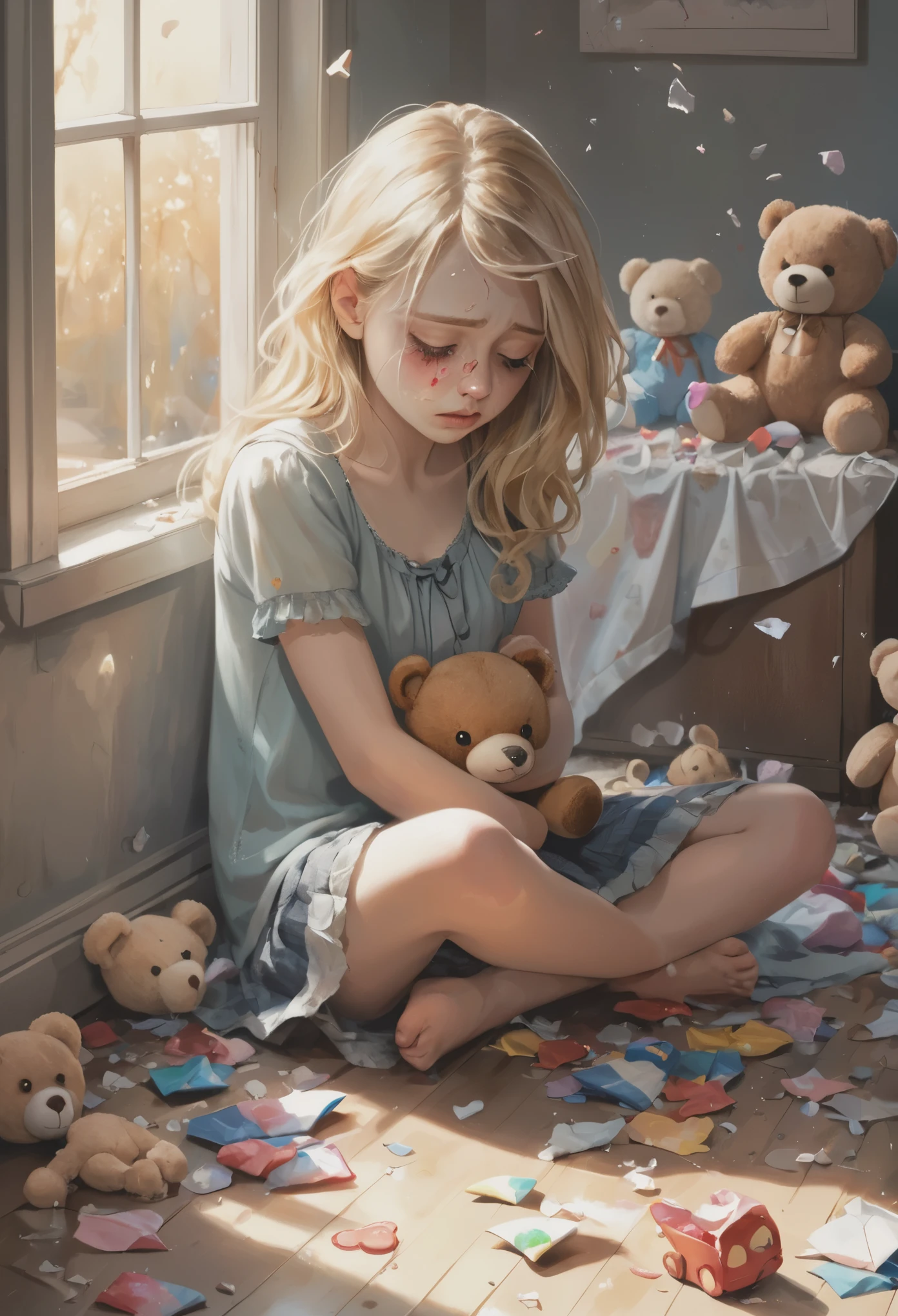 cure blonde girl sitting on the floor and crying,illustration,oil painting,emotional,soft colors,moody lighting,beautiful detailed eyes,beautiful detailed lips,flowing blonde hair,delicate facial features,tears streaming down her face,broken toys scattered around her,patchwork teddy bear,bright sunlight seeping through the window,broken heart,crumpled tissues,warm and comforting atmosphere,empathy and vulnerability.