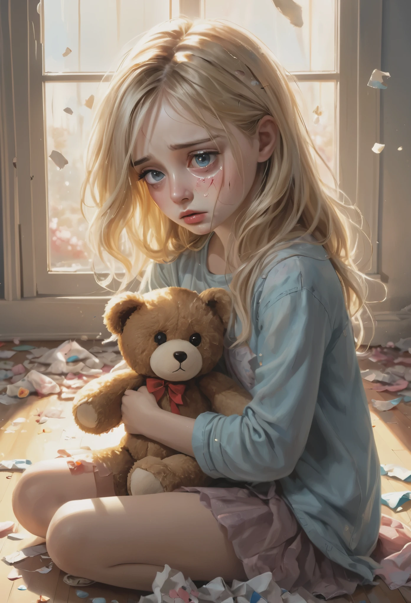 cure blonde girl sitting on the floor and crying,illustration,oil painting,emotional,soft colors,moody lighting,beautiful detailed eyes,beautiful detailed lips,flowing blonde hair,delicate facial features,tears streaming down her face,broken toys scattered around her,patchwork teddy bear,bright sunlight seeping through the window,broken heart,crumpled tissues,warm and comforting atmosphere,empathy and vulnerability.