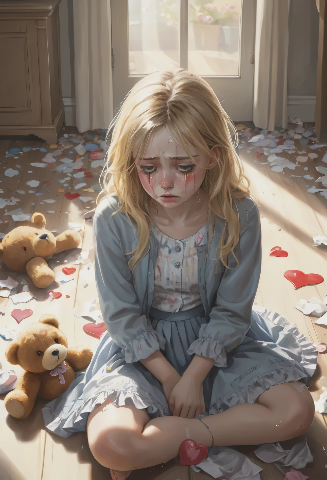 cure blonde girl sitting on the floor and crying,illustration,oil painting,emotional,soft colors,moody lighting,beautiful detailed eyes,beautiful detailed lips,flowing blonde hair,delicate facial features,tears streaming down her face,broken toys scattered around her,patchwork teddy bear,bright sunlight seeping through the window,broken heart,crumpled tissues,warm and comforting atmosphere,empathy and vulnerability.