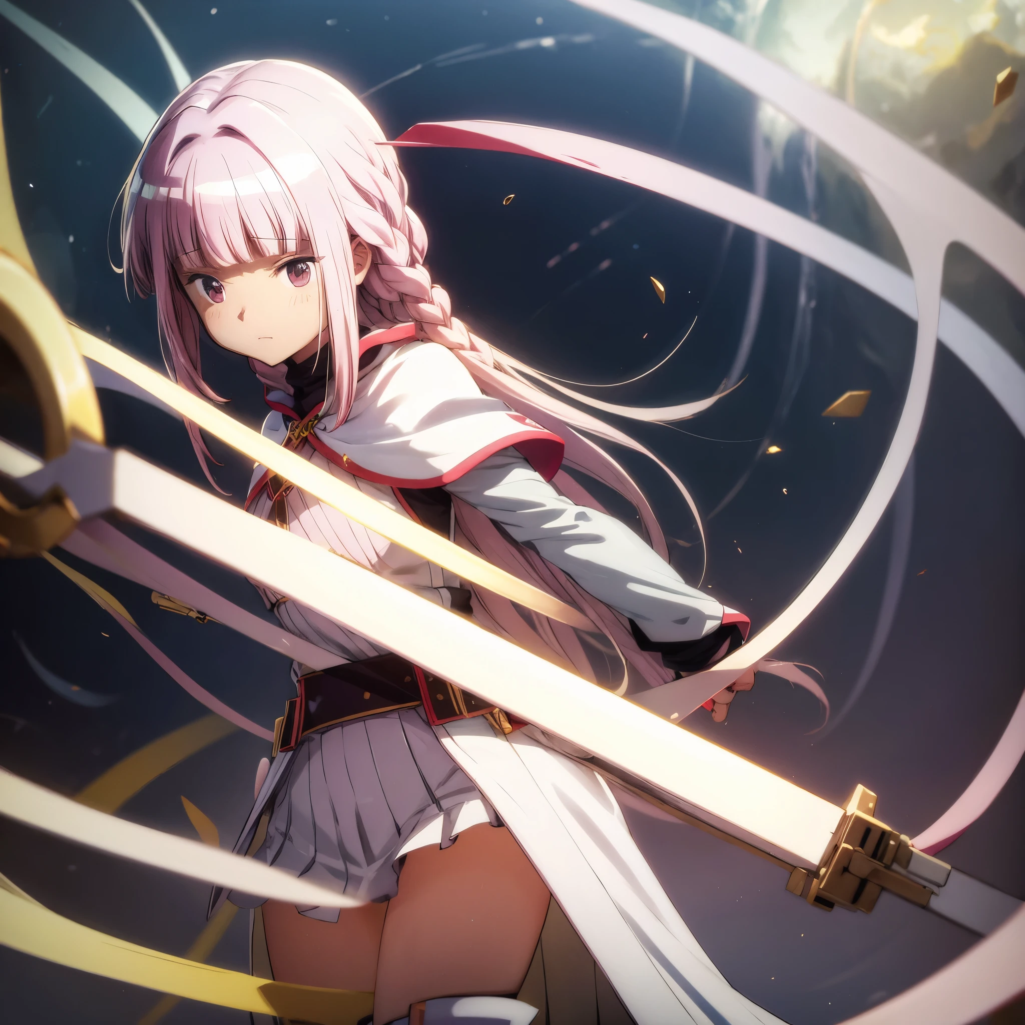 Cute girl, white outfit, white cape, crossbow in arm