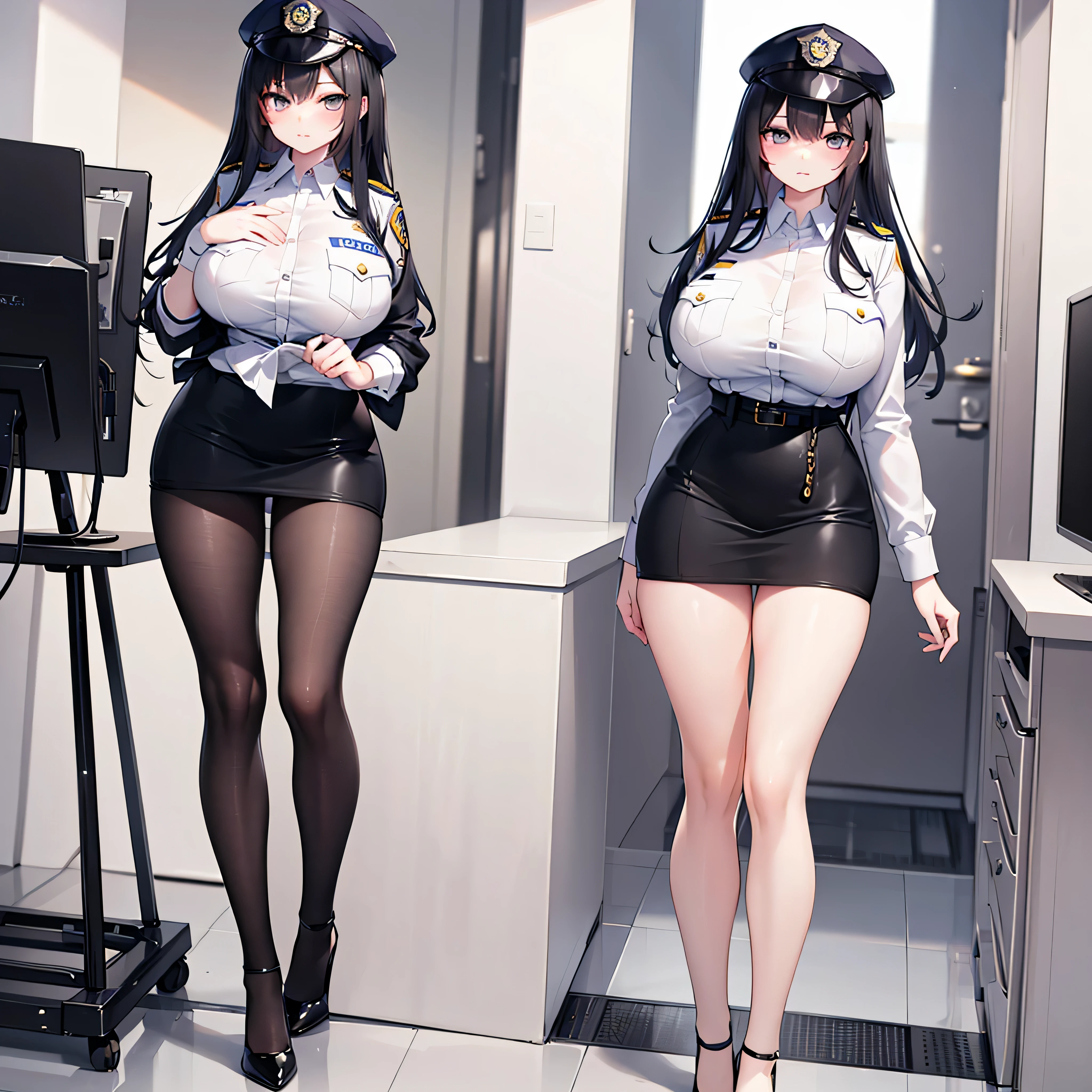 (solo), (1 policewoman), very tight miniskirt, thigh gap, highheels, narrow shoulders, (bursting disproportionately huge breasts), narrow waist, slim hip, skinny long legs