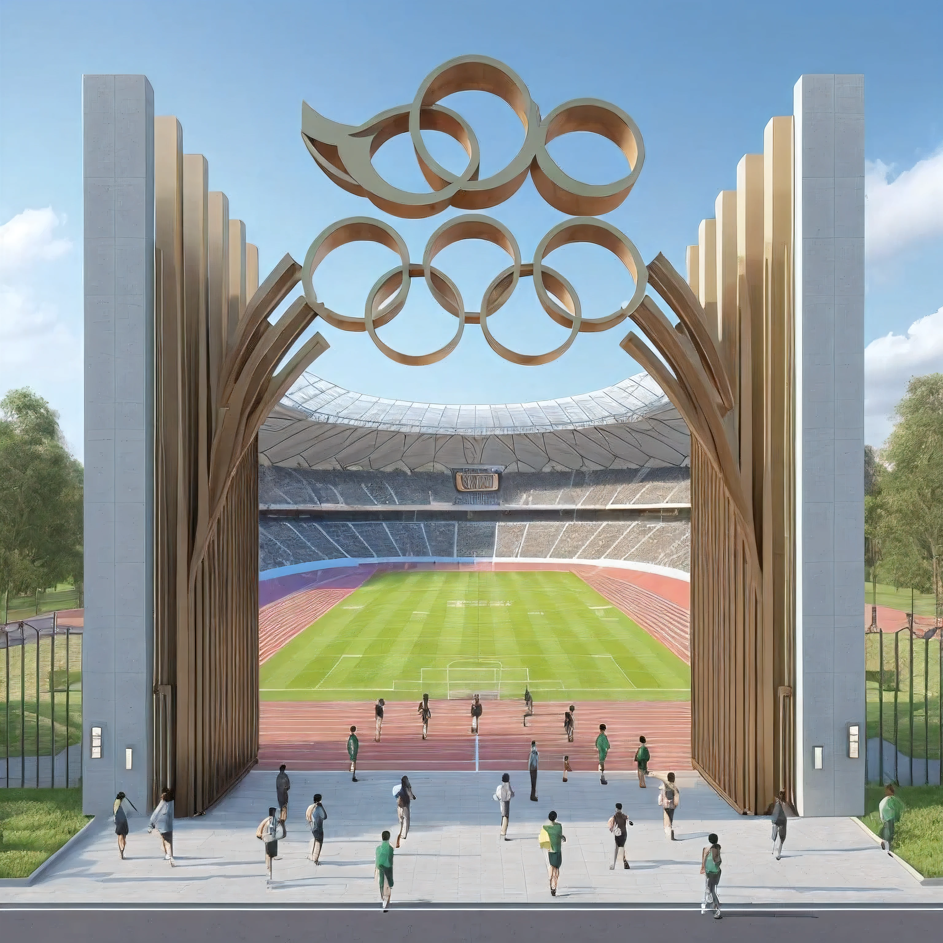 a stadium gate, 2 blocks on both sides, height of block 4m, width 12m, length 4m, no grandstand inside