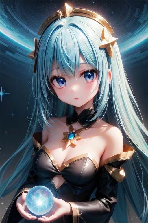 1girl, (masterpiece), best quality, expressive eyes, perfect face, anime girl with blue hair and a black dress, small breast, anime girl with cosmic hair, luminous stellar sky, celestial aura, beautiful celestial mage, lumi, luminous sky, galaxy, electricity aura, holding a galaxy, azure. detailed hair, cosmic girl, anime fantasy artwork, star crown, epic mage girl character, anime fantasy illustration