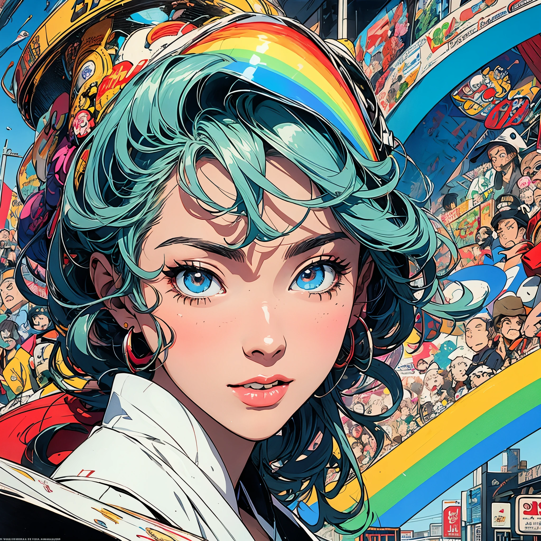 (masterpiece, highest quality), 32k,(highly detailed beautiful woman), poster,SF,1960s,1970s,bauhaus, shape, abstract, Advertisement,movie 映画のposter, vintage,retro,futuristic,anime,ultimate map,Perfect rainbow,highlight,highly detailed eyes,Mr.々angle、非常に詳細な多種多Mr.な表情,