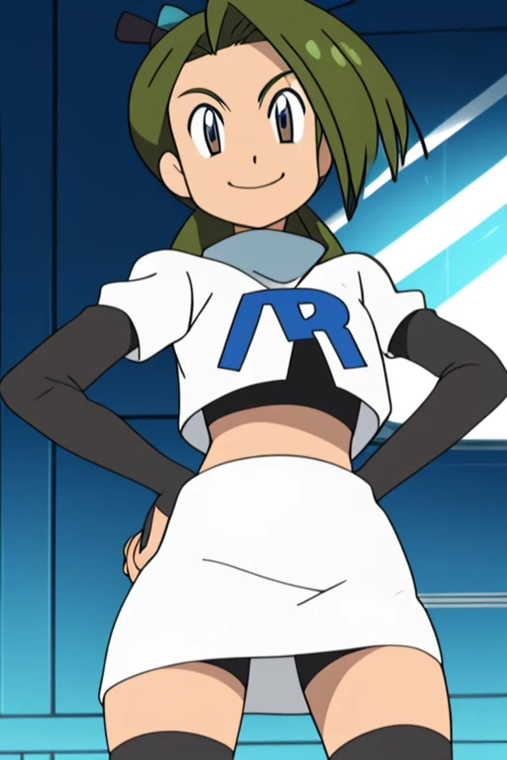 8k, masterpiece,highres, team rocket uniform, red letter r, white skirt,white crop top,black thigh-high boots, black elbow gloves, smiling, looking down at viewer, hands on hips, cowboy shot, zettai ryouiki,from below, black panties,anime style, vivid colors, sharp focus, intense lighting,fujibayashi suzu,takes of phantasia