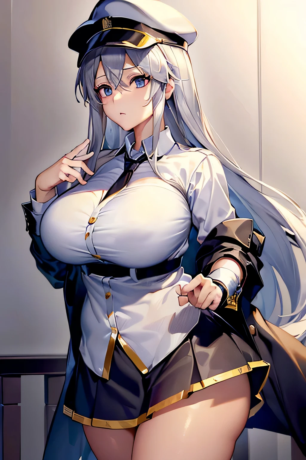 (((masterpiece))),(((high resolution)))、(((perfect face)))、(((beautiful woman)))、((shirt))、((skirt))、(big breasts)、(Plump)、silver hair、hat、embarrassed expression、(((looking at the camera)))