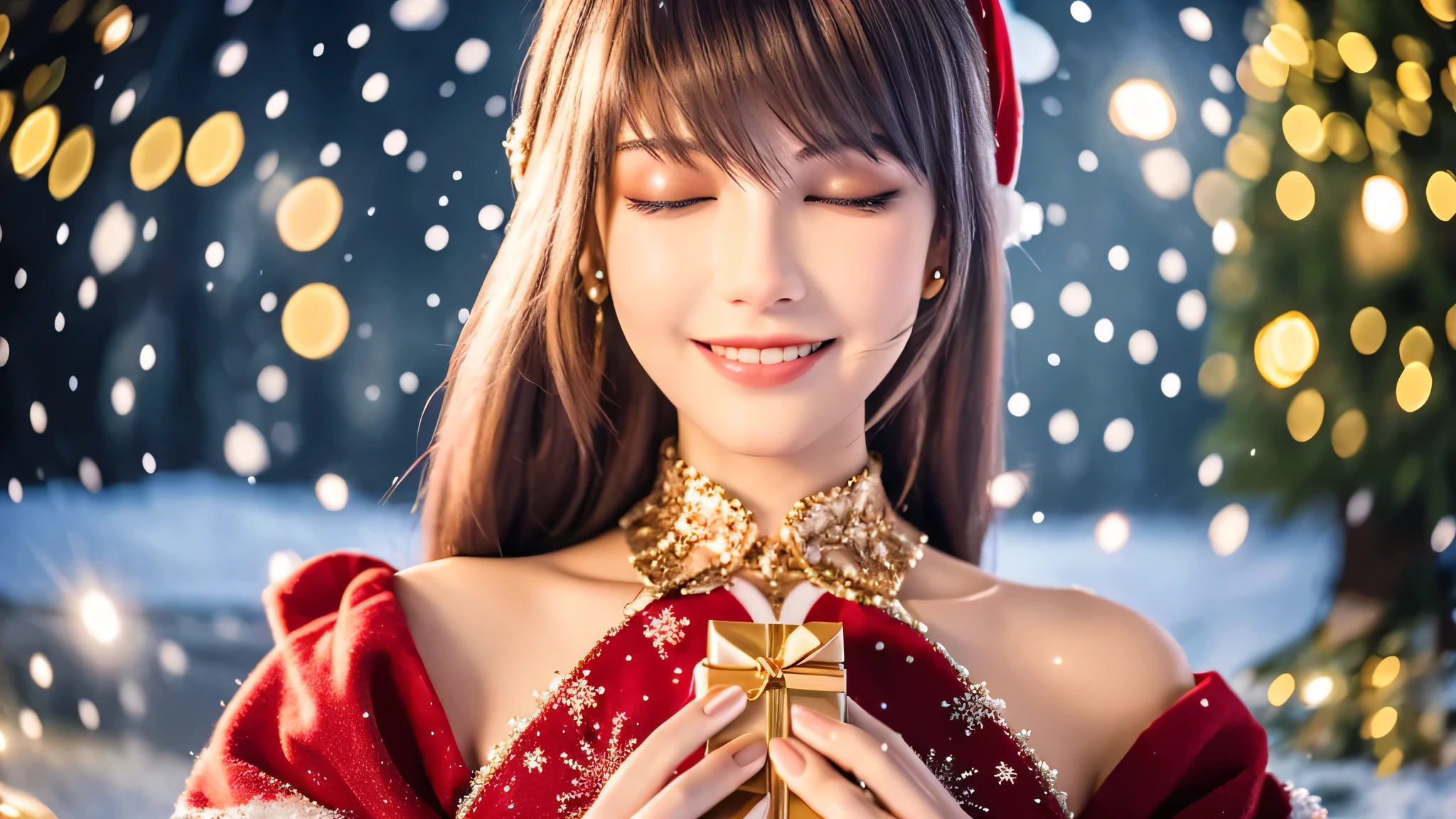 Christmas Eve Girl, detailed and beautiful eyes, beautiful detailed lips, highly detailed eyes and face, long eyelashes, Christmas themed clothing and accessories, cute smile, Enjoy the festival atmosphere, Comes in a beautifully wrapped gift box, outdoor snow scene, soft and bright colors, warm and cozy lighting, Portrait, Snowflakes falling in the background, delicate snow details, sparkling light, There was joy and excitement in her eyes.........., Zola々innocence, High quality illustrations(4k, High resolution, table top:1.2), dreamy atmosphere、Childish、off shoulder,Mrs. Clause,Christmas, full body,perfect body,(Lie:1.3)