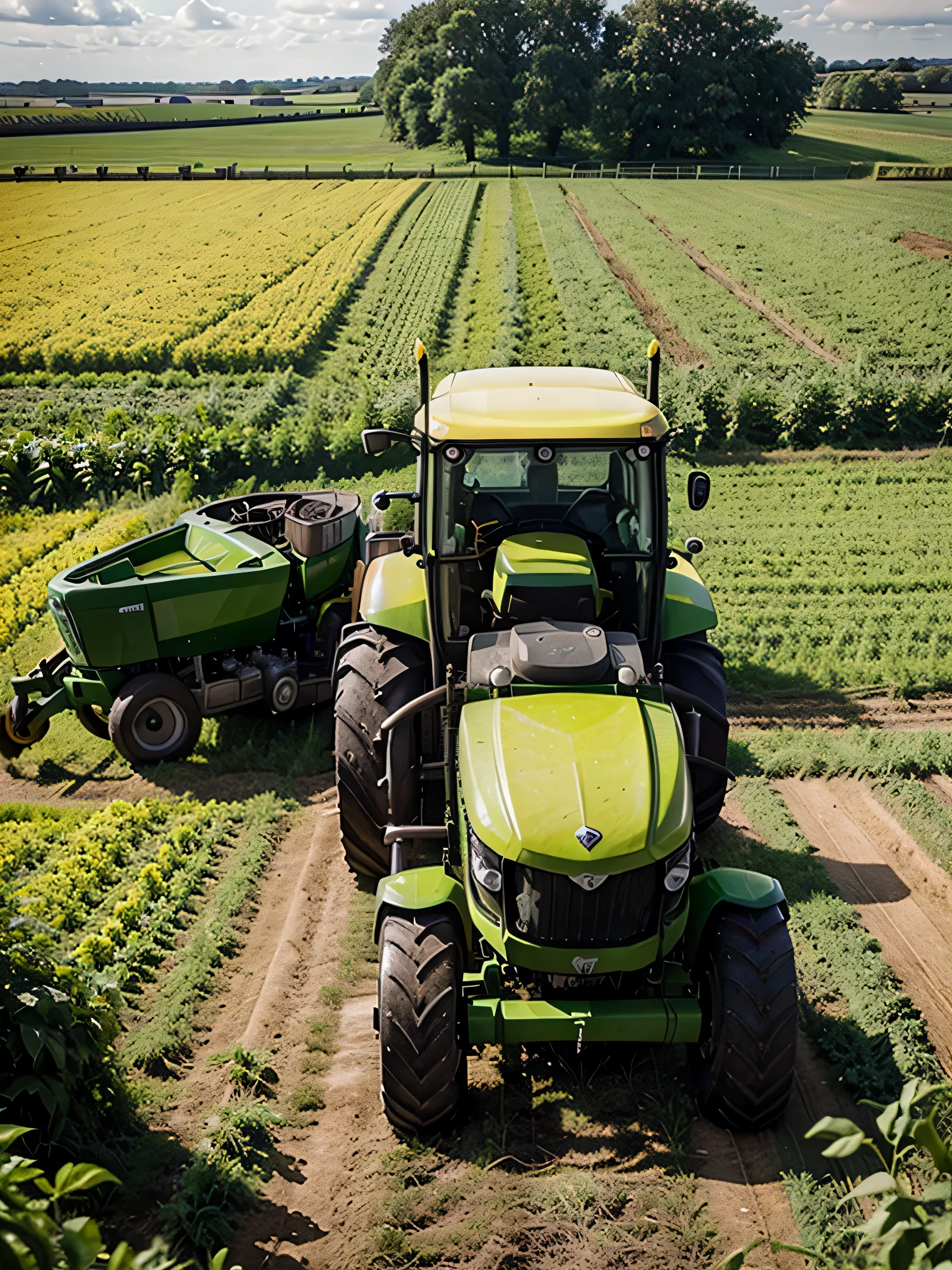 Manage a green and yellow farming tractor in a field, realistic photography, 4k resolution