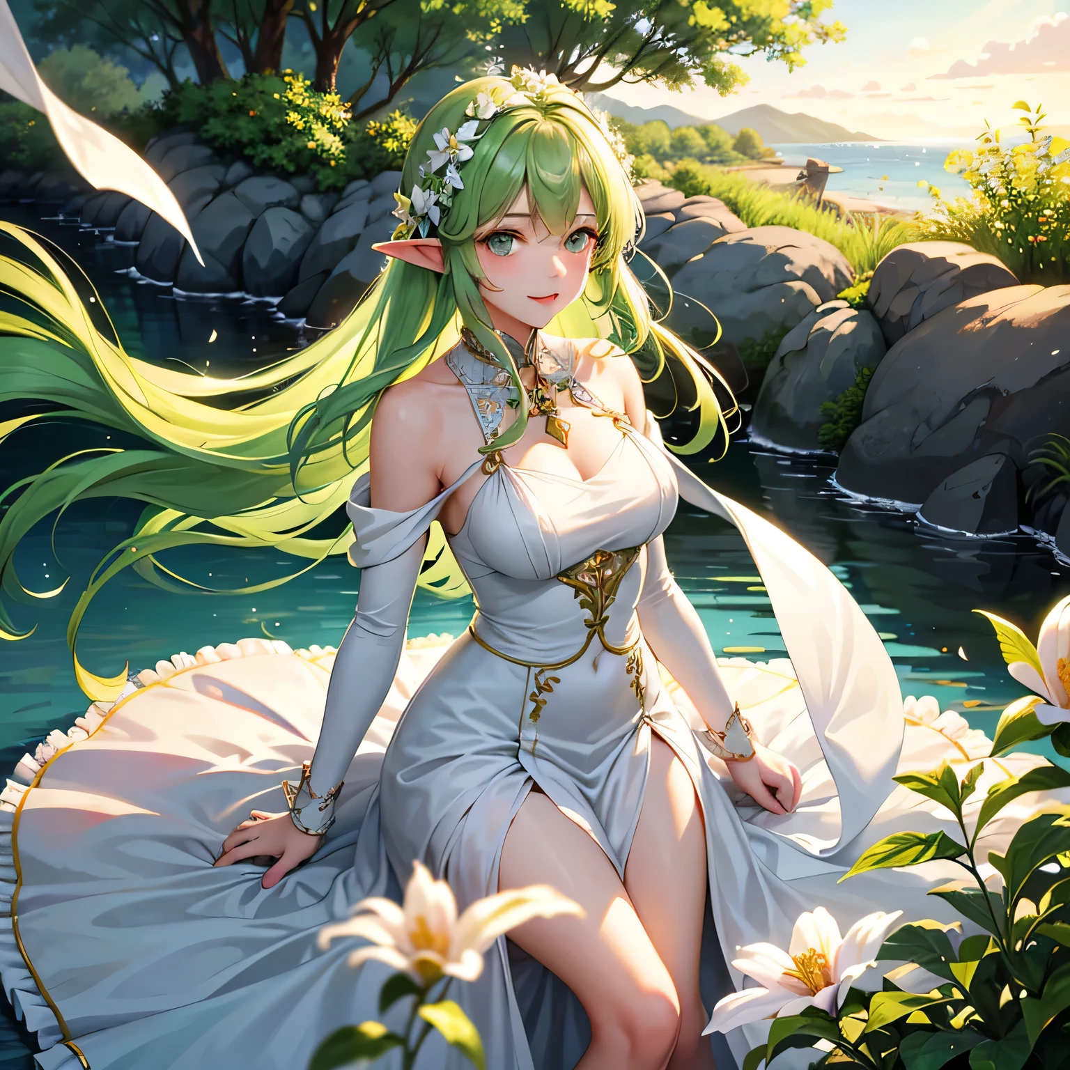 (best quality,highres),a beautiful elf with long light green hair sitting near a river during sunset, she is very happy and her cheeks are rosy,long hair flowing in the wind,soft sunlight illuminating her face,a peaceful and serene environment with a gentle breeze,sparkling water reflecting the colorful sunset sky,ethereal and magical atmosphere,serene expression on her face,emerald green eyes shining with joy,detailed and intricate hair strands with vibrant green color,delicate facial features with a captivating smile,light and flowing dress in shades of pastel colors,subtle hints of nature surrounding her,a few flower petals floating in the air,lightly freckled skin adding a touch of innocence and youth,faint golden halo around her as if she's glowing from within,soft and warm color palette with a dreamy and whimsical vibe,subtle bokeh effect in the background,creating a sense of depth and enchantment.