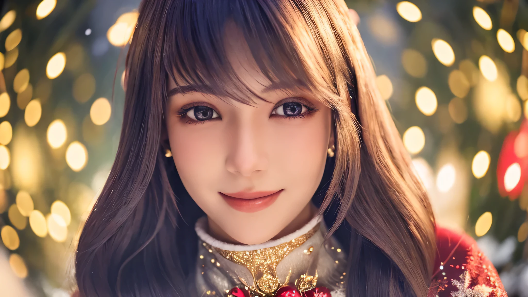 Christmas Eve Girl, detailed and beautiful eyes, beautiful detailed lips, highly detailed eyes and face, long eyelashes, Christmas themed clothing and accessories, cute smile, Enjoy the festival atmosphere, Comes in a beautifully wrapped gift box, outdoor snow scene, soft and bright colors, warm and cozy lighting, Portrait, Snowflakes falling in the background, delicate snow details, sparkling light, There was joy and excitement in her eyes.........., Zola々innocence, High quality illustrations(4k, High resolution, table top:1.2), dreamy atmosphere、Childish、off shoulder,Mrs. Clause,Christmas, full body,perfect body,(Lie:1.3)