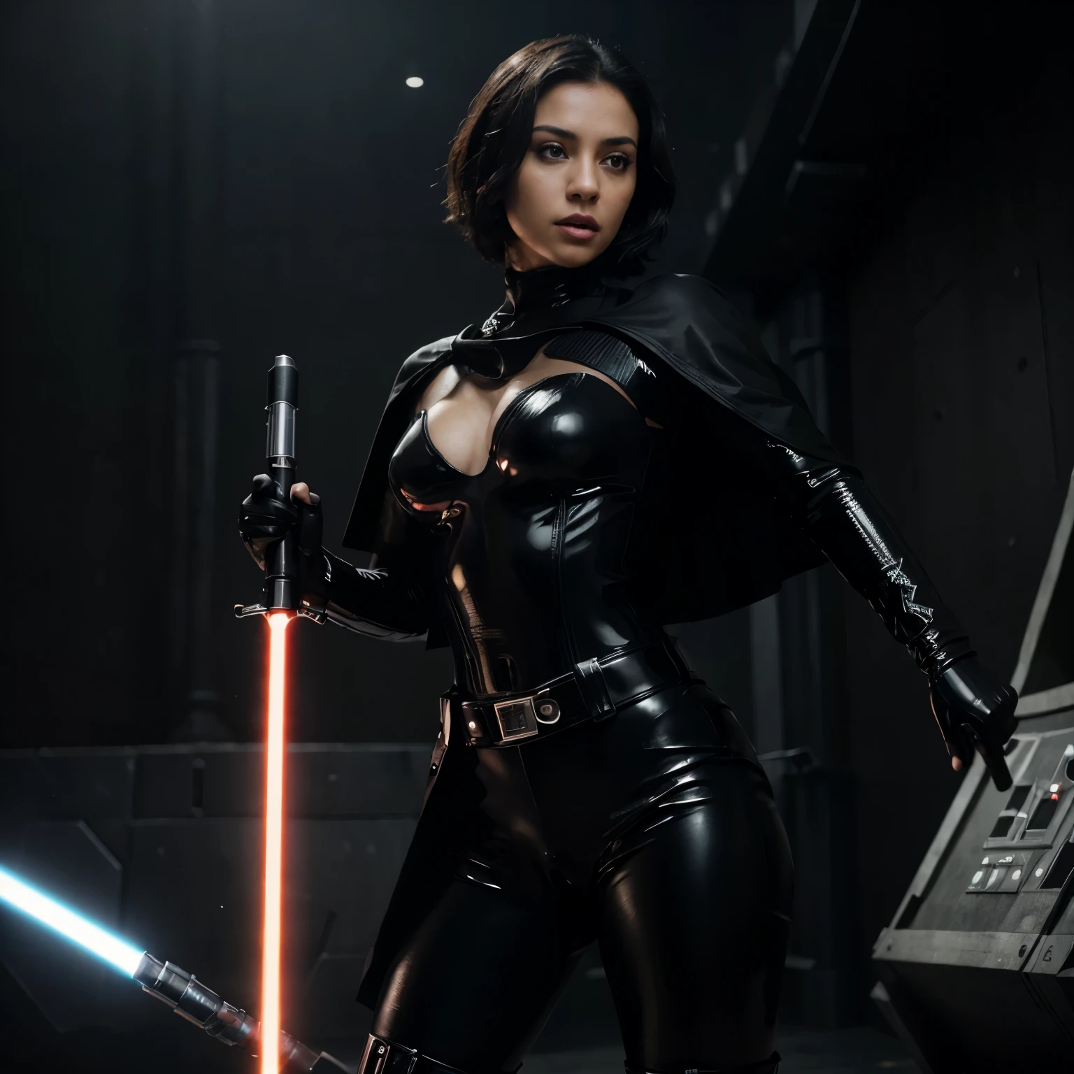 (best quality,4k,8k,highres,masterpiece:1.2),ultra-detailed,(realistic,photorealistic,photo-realistic:1.37) latina, short hair, dark hair, wearing black latex, small black cape, wielding a laser sword, confident, seductive pose, full body, inside the death star, detailed eyes, detailed mouth, full length black latex gloves, combat stance, fighting pose, realistic lightsaber