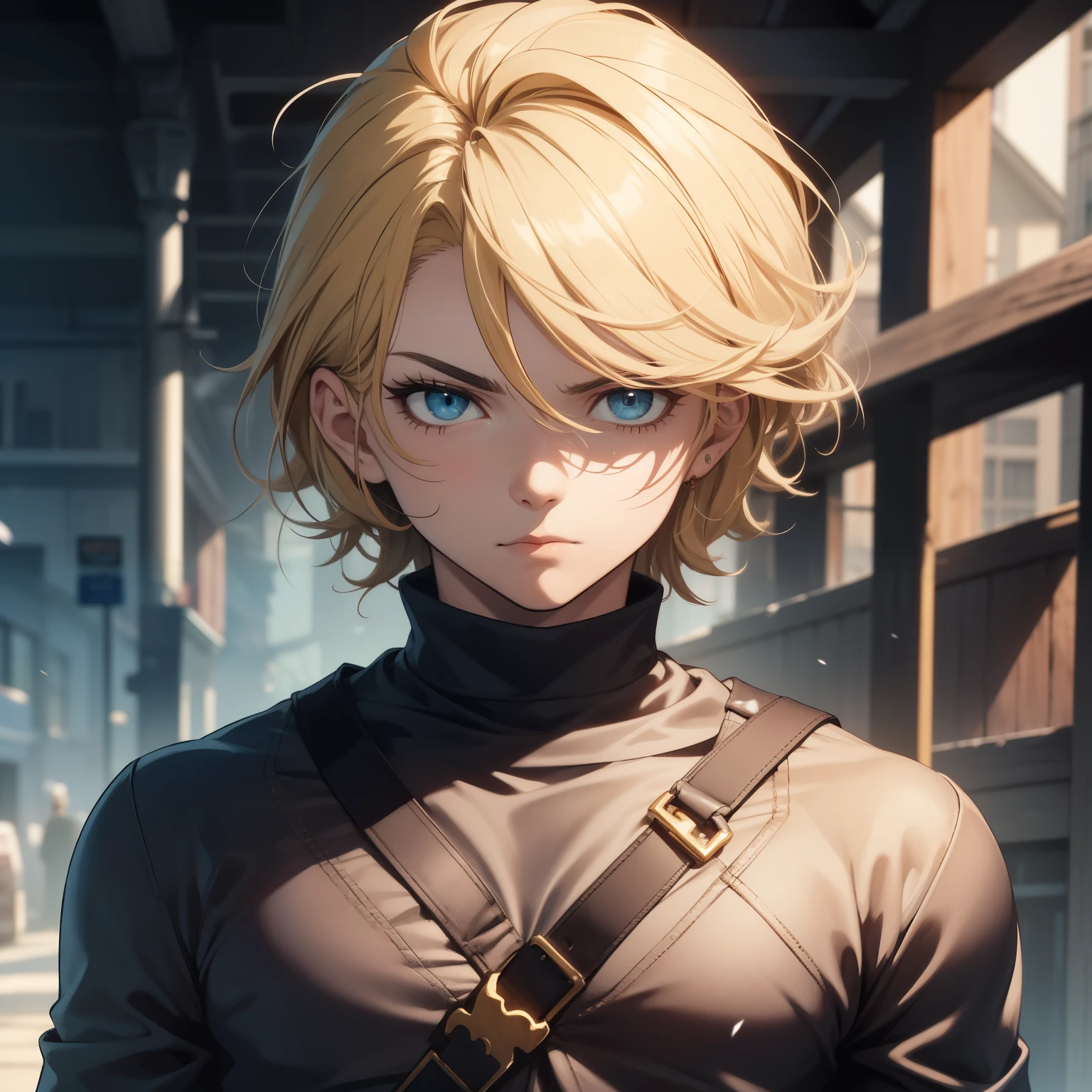 retrato, arte digital, 4K, anime, um homem de 26 anos casual, parte superior do corpo muscular, olhos azuis escuros, short and medium blonde hair, Frio, Melancholic, fundo escuro, meio corpo para cima, ligeiramente bronzeado homem