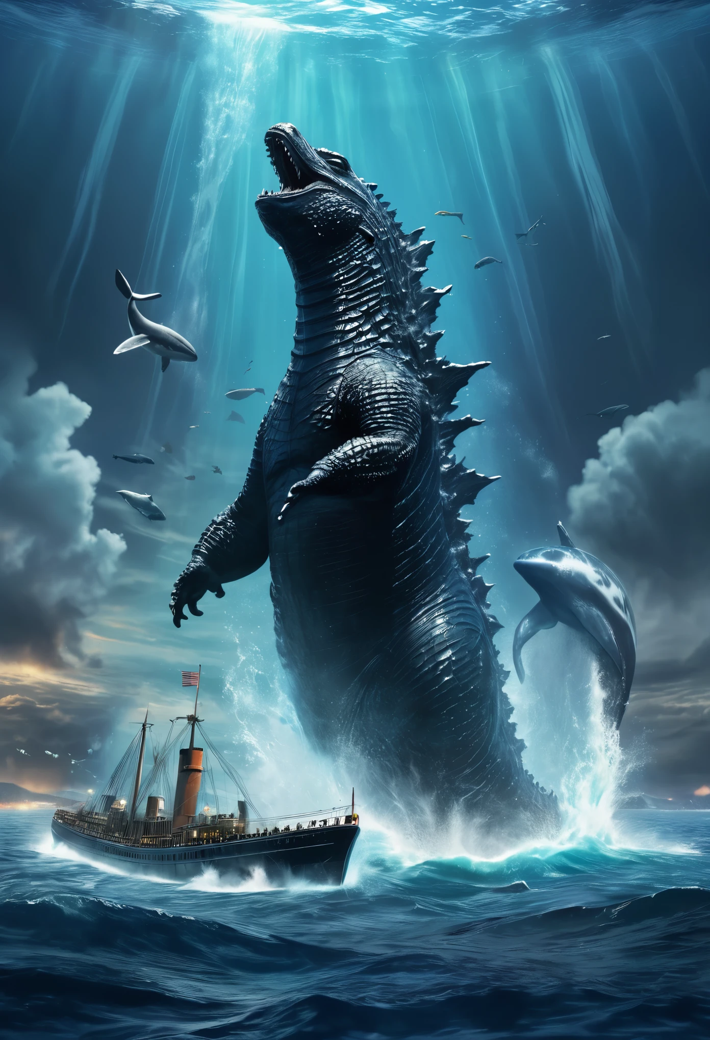 Godzilla catches a whale and eats it, titanic battle underwater, high fantasy