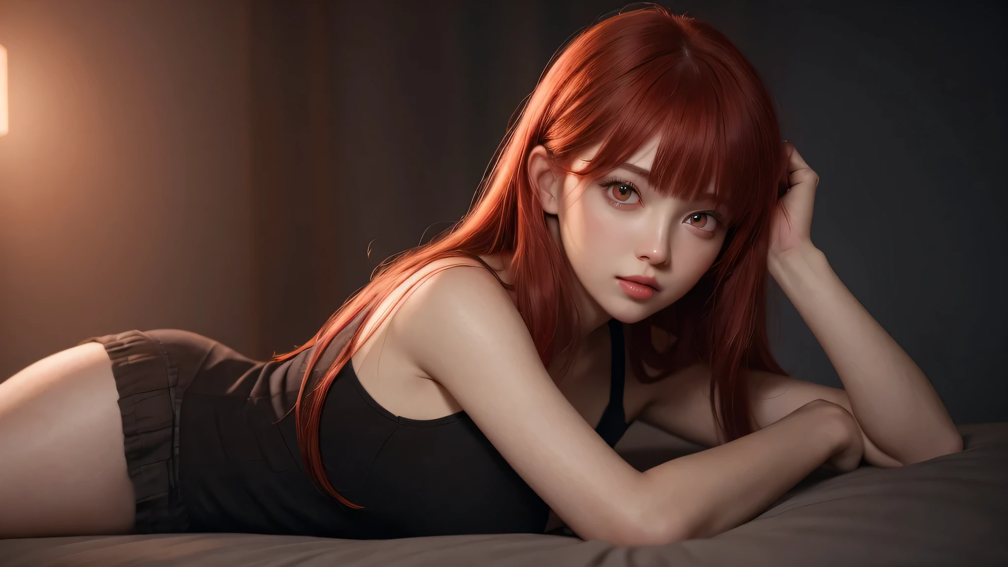 1 girl, star eye, blush, perfect lighting, redhead, red eyes, unreal engine, side light, detailed face, bangs, bright skin,  background, dark background,mini skirt,perfect body,(Lie:1.3)