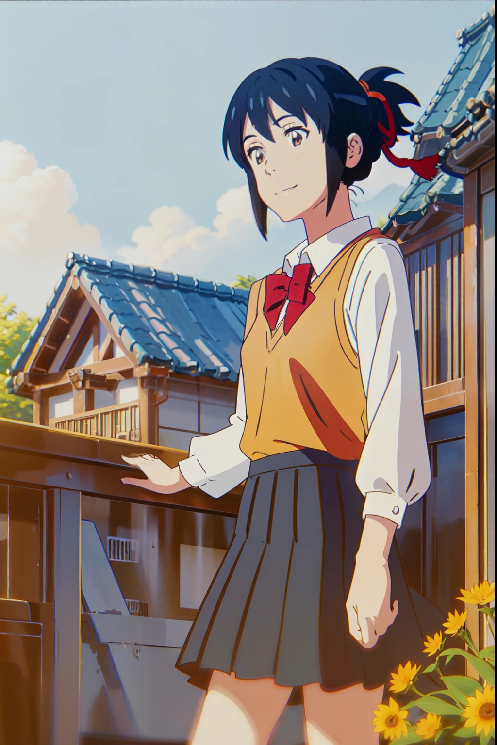 miyamizu_Mitsuha,,(smile),yellow , white shirt, black school skirt, outdoor,(light:1.2),(sun:1.2),(blue sky:1.1), garden,flowers,grass,wood,
