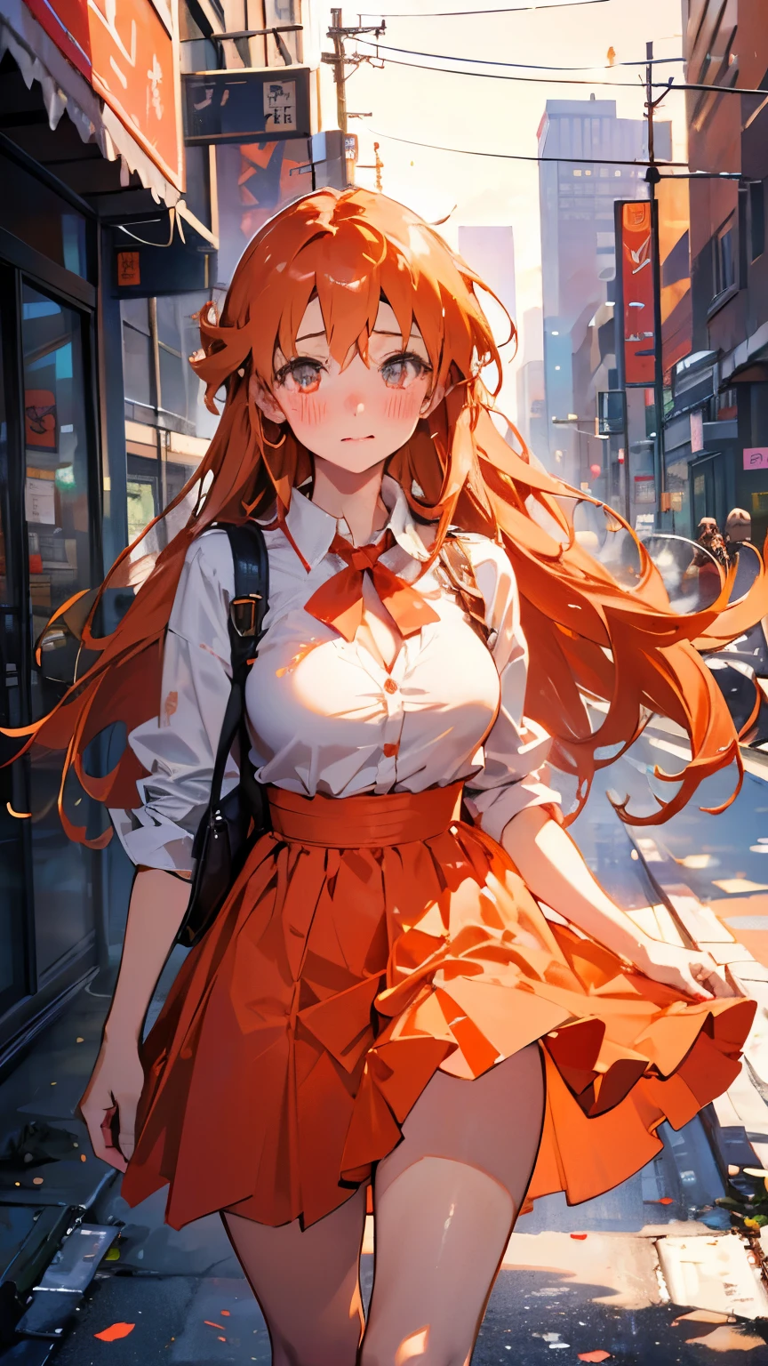 High resolution, masterpiece, hyper realistic, ultra-detailed, detailed face, spark eyes, noseblush, detailed lips, detailed clothes, Yuuki Asuna, mature body, 24 years old, long hair, orange hair, (solo), 1girl, cute, sad face, red lips, blushing, detailed eyes, transparent thin summer dress, waist, walk beside the river in midtown, busty, big , cleavage, thighs reveal, sparkling shine of light