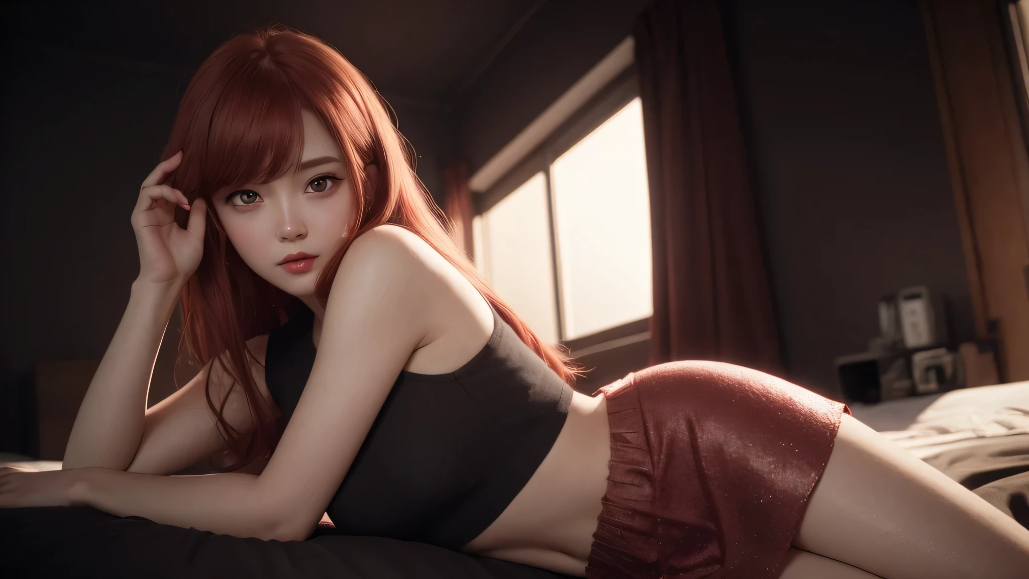 1 girl, star eye, blush, perfect lighting, redhead, red eyes, unreal engine, side light, detailed face, bangs, bright skin, background, dark background,mini skirt,perfect body,(Lie:1.3)