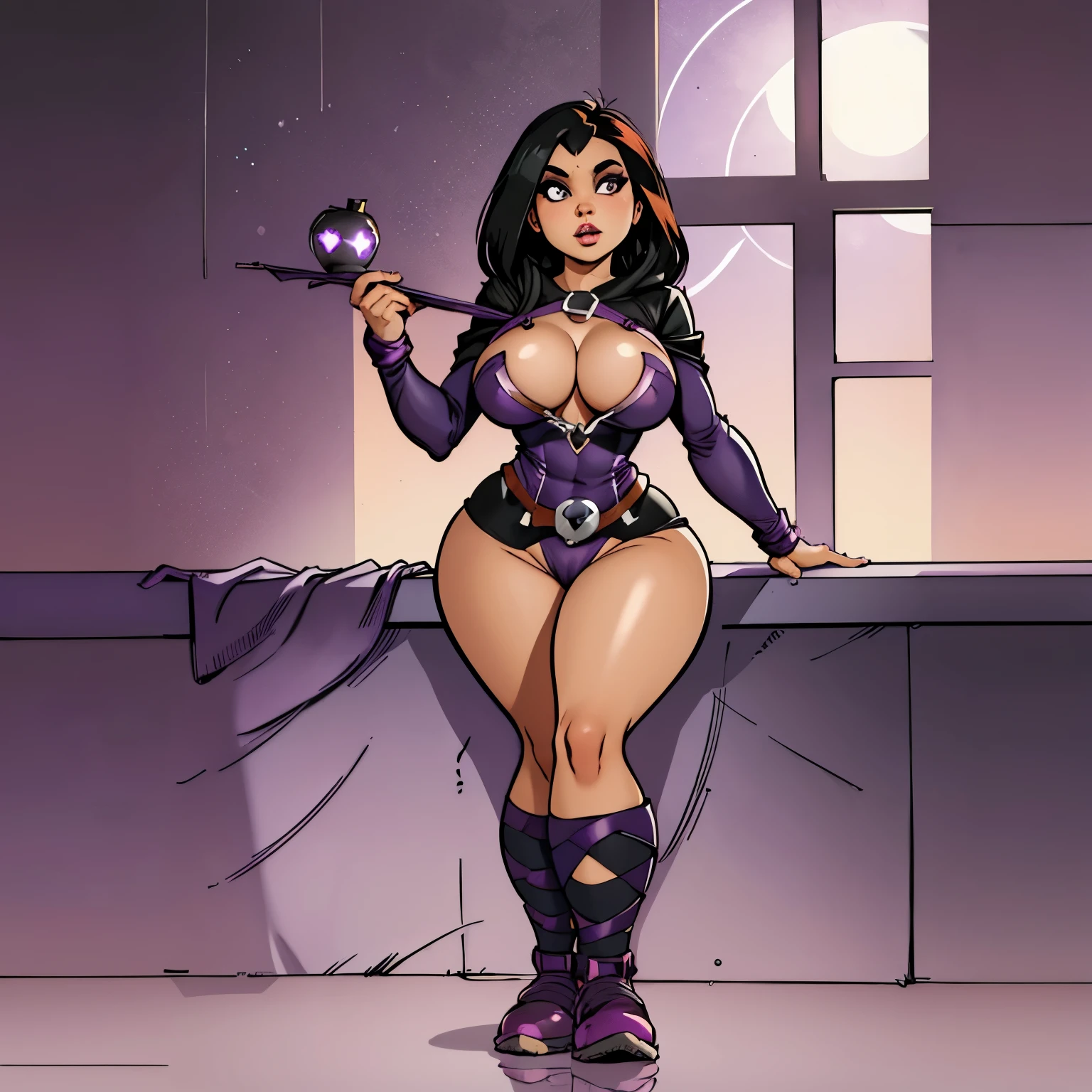 Raven( titans), chubby, thicc waist, large chest, black hair, purple eyes, black skin thigh suit, cleavage, boob window, purple hood, red gem, thicc thighs, purple shoes, magical powers
