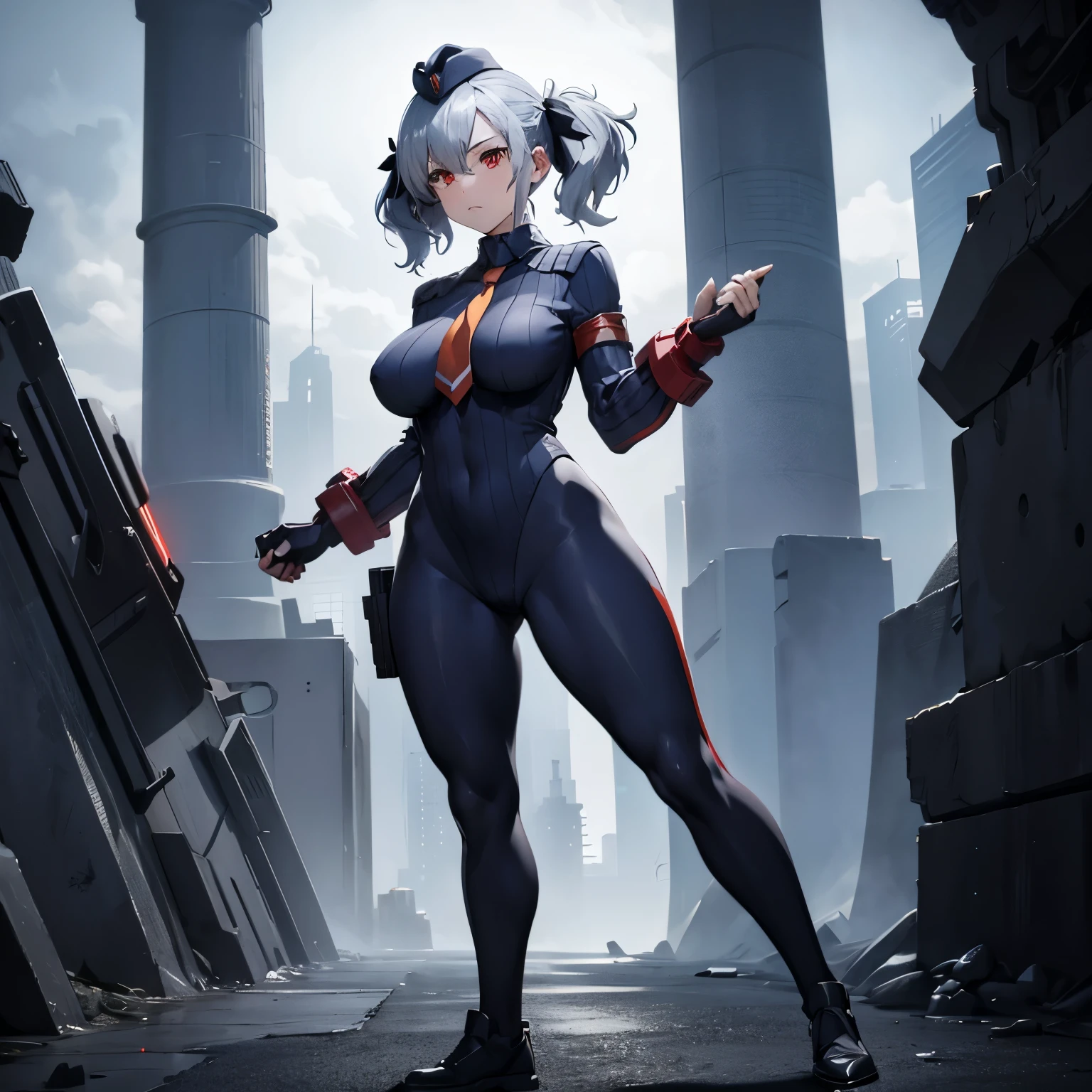 hat, necktie, gloves, ribbed bodysuit, expressionless, blank eyes, looking at viewer, corruption, mind control, female combatant, full body, hypnotized, unhappy trance, full body, obey, perfect female body, hypnosis, hypnoLora, empty eyes, Mind control device, poses, submissive_pose, Slave, standing straight, standing, standing at attention, Fighting Stance, extending the right arm from the shoulder into the air with a straightened hand, (((pixel-perfect, detail-perfect))), solo, 1girl, hair ornaments, medium hair, large breast, huge breast, solo,1girl,spasnormal,hair ribbon,red eyes,grey hair, twintails, sabrina, SPASNORMAL