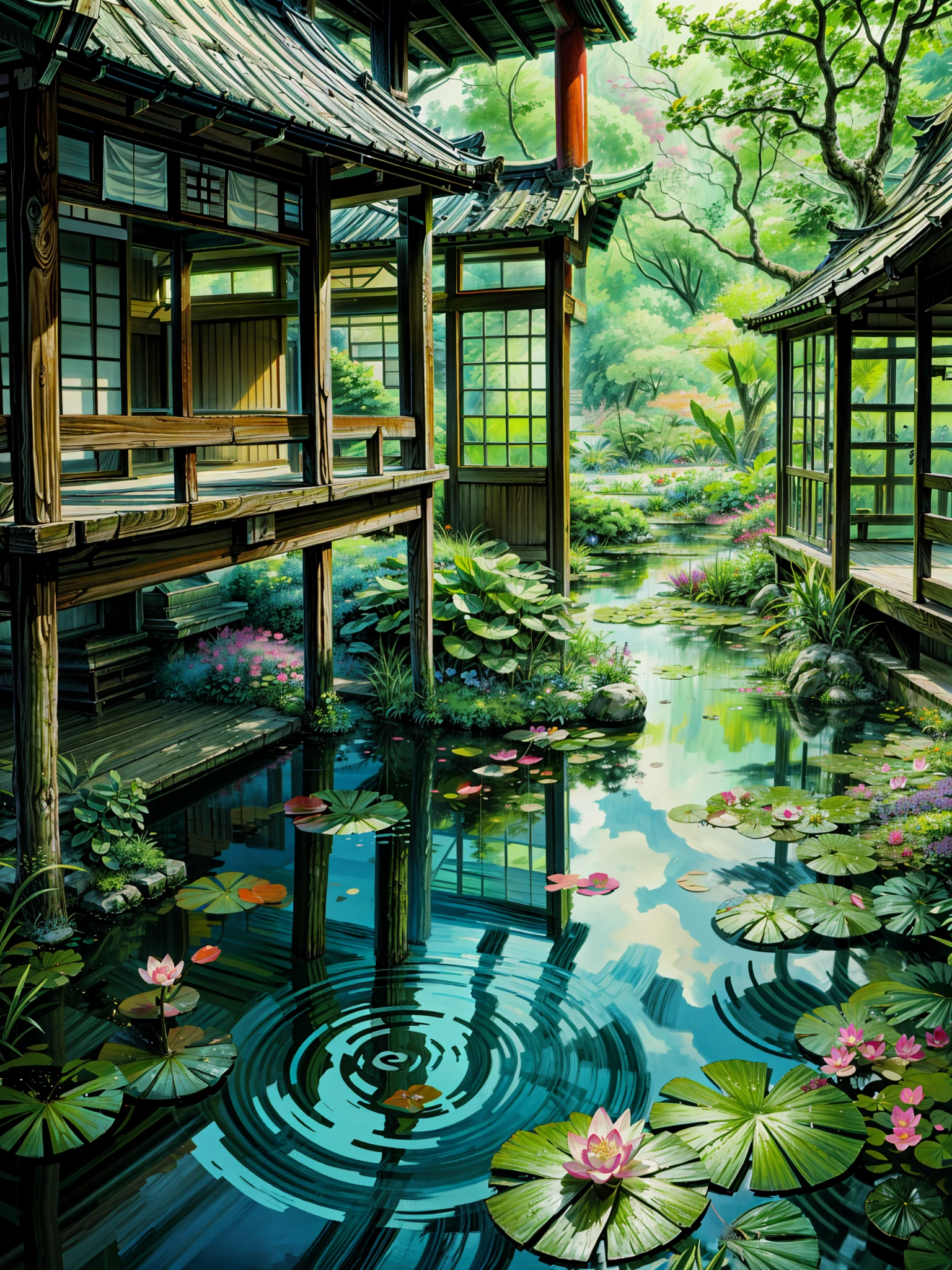 a japanese garden with water lilies and a pond, koi pond, zen temple background, garden pond scene, anime scenery, anime scenery concept art, 2 d game art background, waterlily pond, scenery artwork, 2d game background, japanese art style, oriental wallpaper, lotus pond, royal garden background, pond landscape, pond with frogs and lilypads, beautiful detailed background, 4k hd,, beautiful art uhd 4 k, a beautiful artwork illustration, beautiful digital painting, highly detailed digital painting, beautiful digital artwork, detailed painting 4 k, very detailed digital painting, rich picturesque colors, gorgeous digital painting