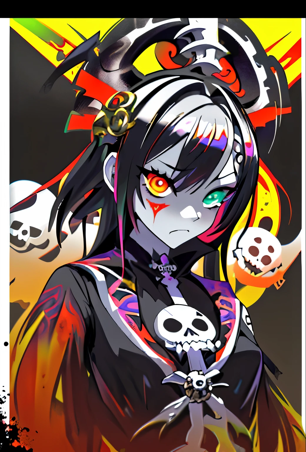 anime zombie voodoo priestess design, Crossbones, calaveras, Streetwear design, rastas, pro vector, estilo de terror, Complete design, Solo 6 colores, colors solid, sin sombras, Complete design, pegatina, colores brillantes, Fondo blanco.