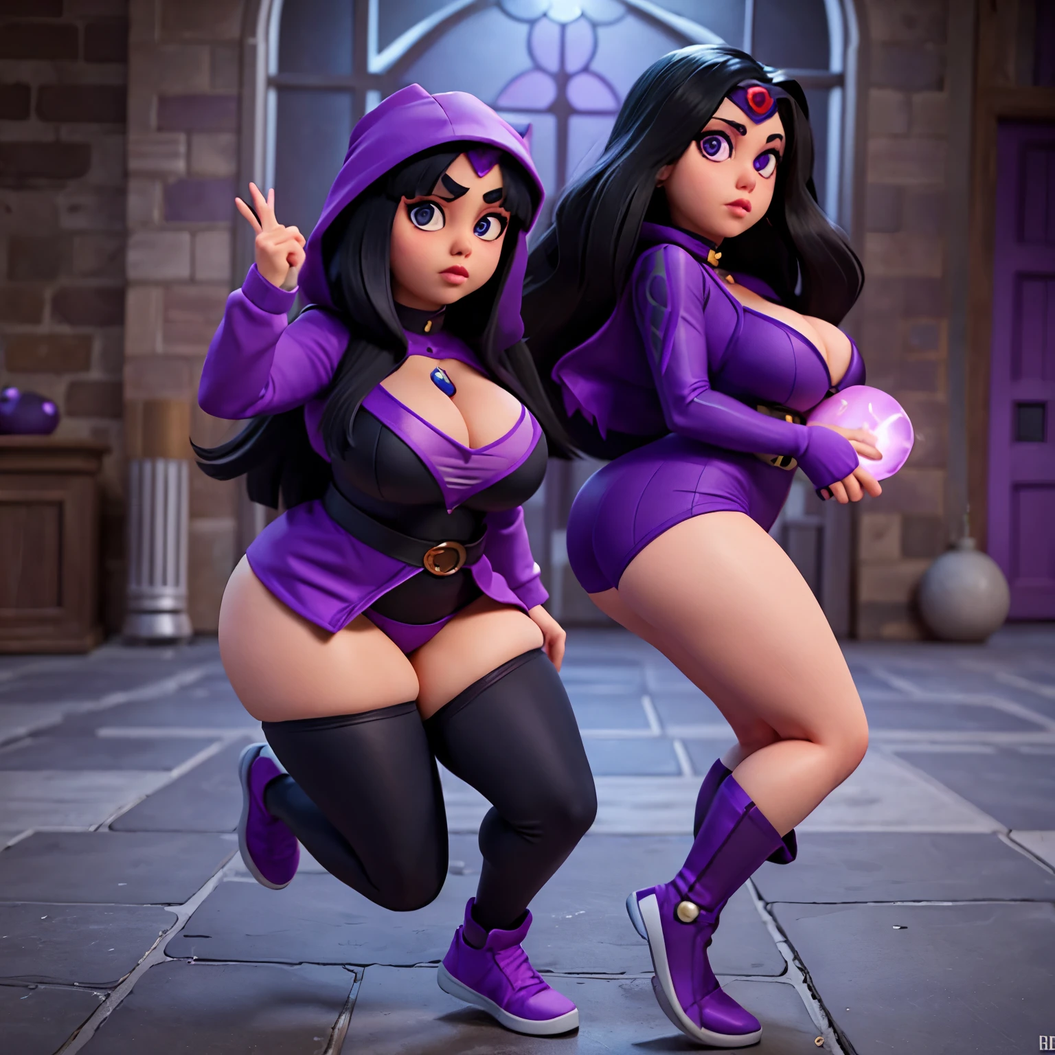 Raven( titans), chubby, thicc waist, large chest, black hair, purple eyes, black skin thigh suit, cleavage, boob window, purple hood, red gem, thicc thighs, purple shoes, magical powers
