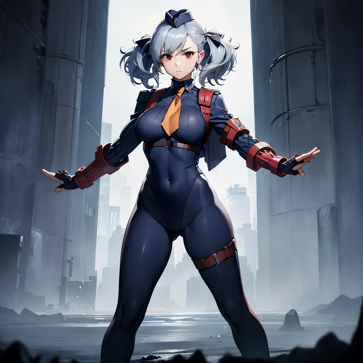 hat, necktie, gloves, ribbed bodysuit, expressionless, blank eyes, looking at viewer, corruption, mind control, female combatant, full body, hypnotized, unhappy trance, full body, obey, perfect female body, hypnosis, hypnoLora, empty eyes, Mind control device, poses, submissive_pose, Slave, standing straight, standing, standing at attention, Fighting Stance, extending the right arm from the shoulder into the air with a straightened hand, (((pixel-perfect, detail-perfect))), solo, 1girl, hair ornaments, medium hair, large breast, huge breast, solo,1girl,spasnormal,hair ribbon,red eyes,grey hair, twintails, sabrina, SPASNORMAL