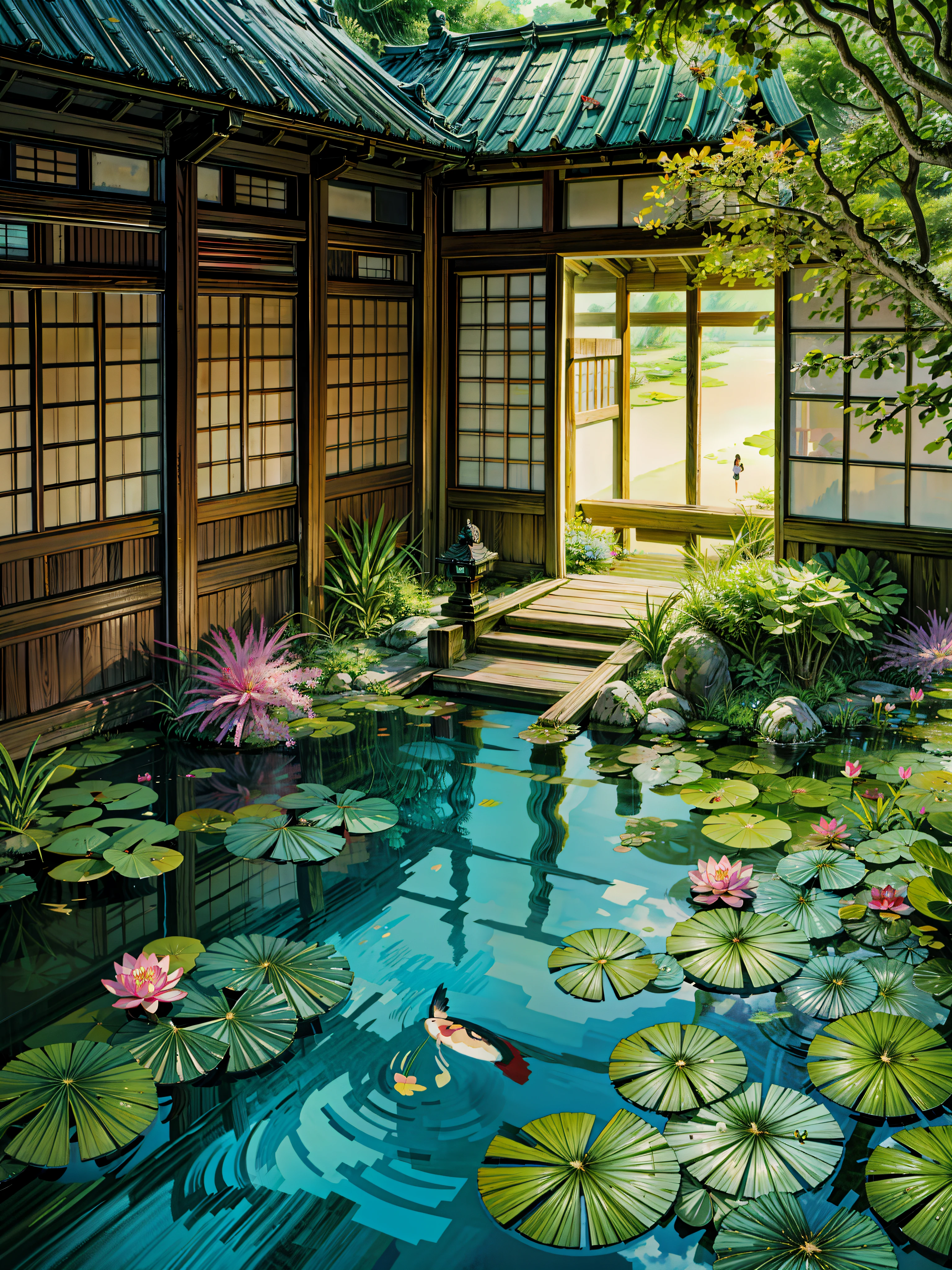 a japanese garden with water lilies and a pond, koi pond, zen temple background, garden pond scene, anime scenery, anime scenery concept art, 2 d game art background, waterlily pond, scenery artwork, 2d game background, japanese art style, oriental wallpaper, lotus pond, royal garden background, pond landscape, pond with frogs and lilypads, beautiful detailed background, 4k hd,, beautiful art uhd 4 k, a beautiful artwork illustration, beautiful digital painting, highly detailed digital painting, beautiful digital artwork, detailed painting 4 k, very detailed digital painting, rich picturesque colors, gorgeous digital painting