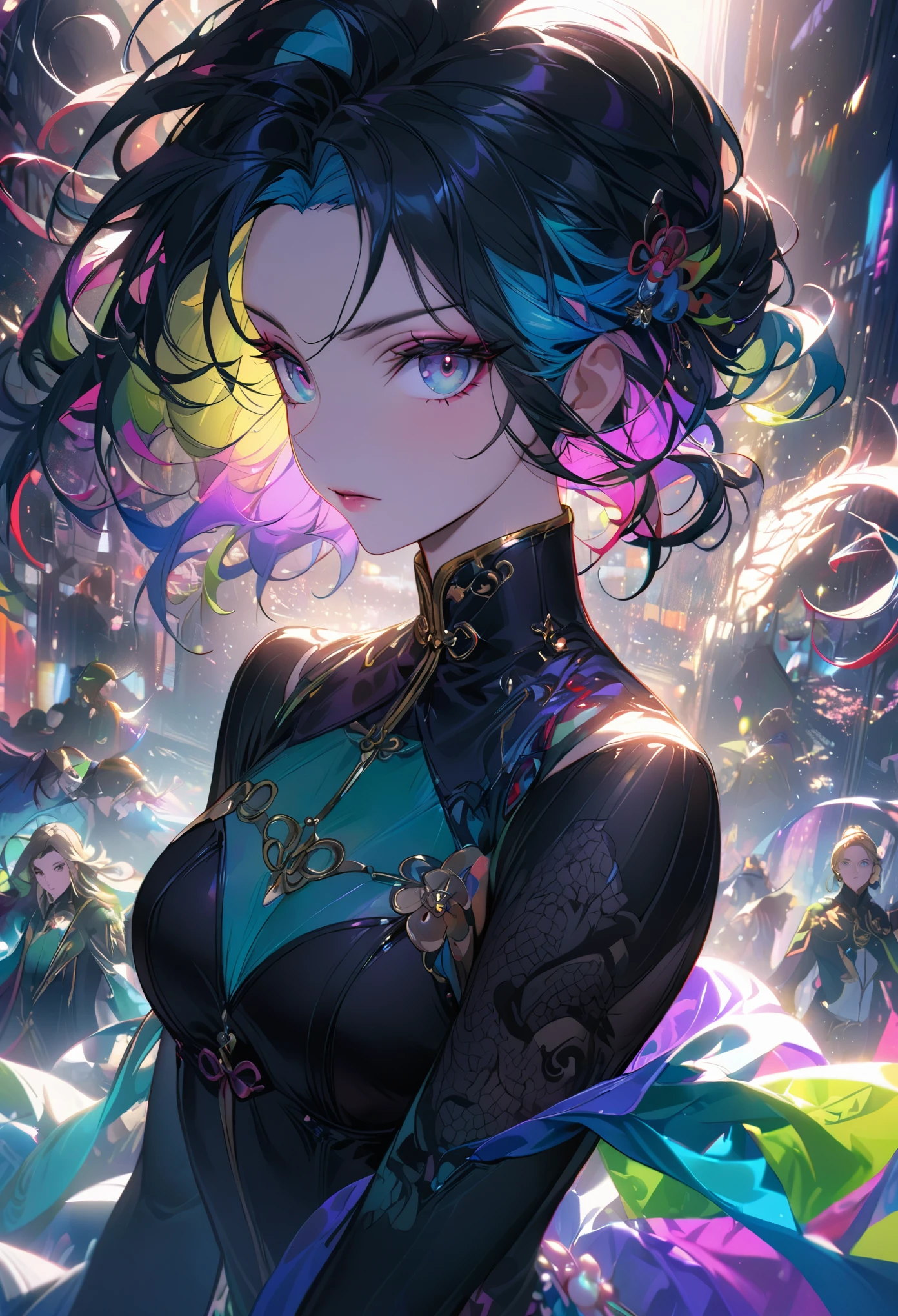 fair (sissy sibner), complex colorful hair with , Sunlight, fair lighting, Vibrant lights, complex, Very detailed, elegant, Smooth, author:Ruan Jia、Artgerm 和 Anton Fadeev,