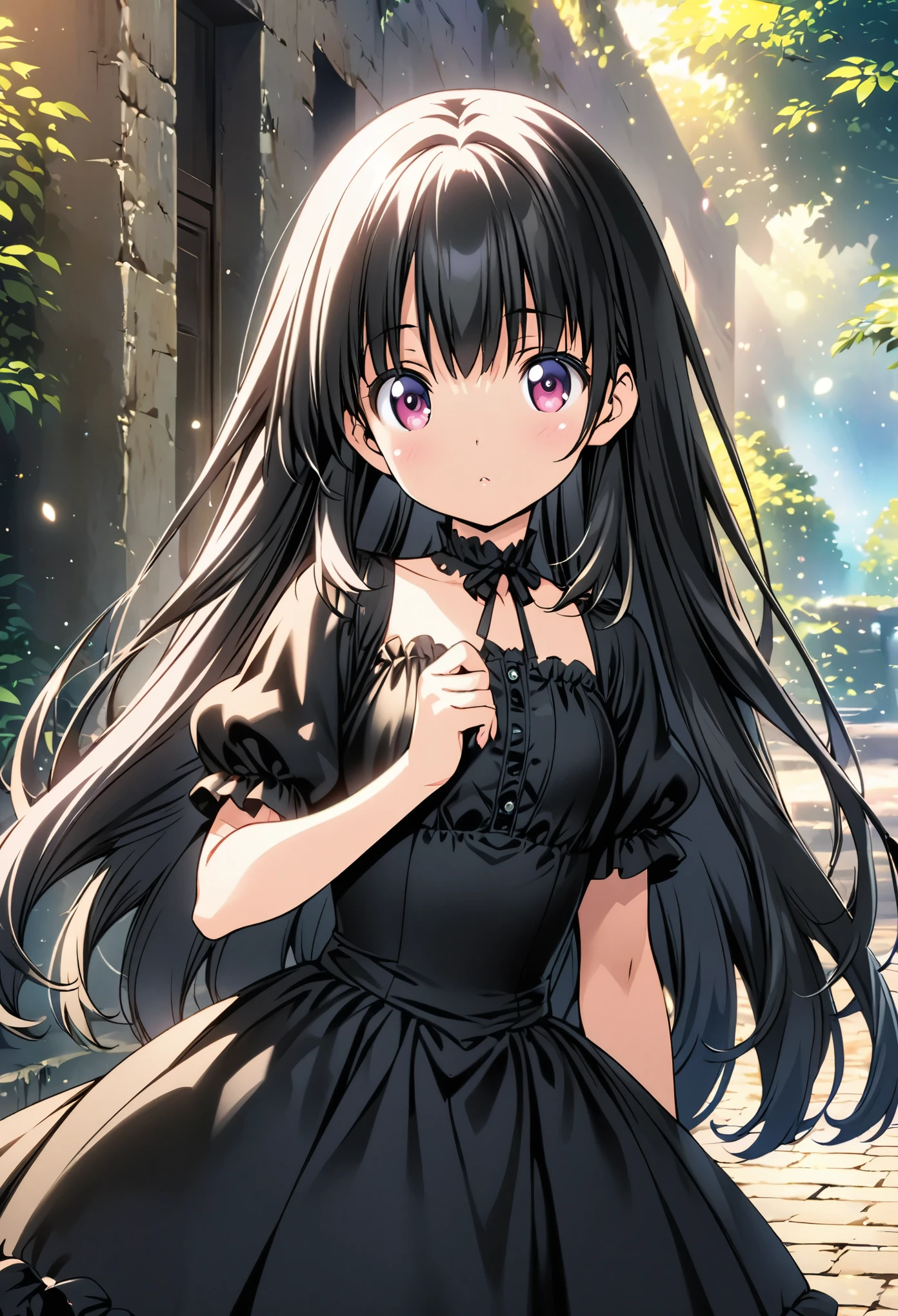 anime girl with long hair and a black dress posing for a picture, Sayori, Anime visual of a cute girl, Anime cute art style, in a dress, anime girl weareturng a black dress, pretty anime girl, (anime girl), cute anime girl, Cute anime waifu wearing beautiful clothes, attractive anime girl, beautiful anime girl, return, Smooth anime CG art