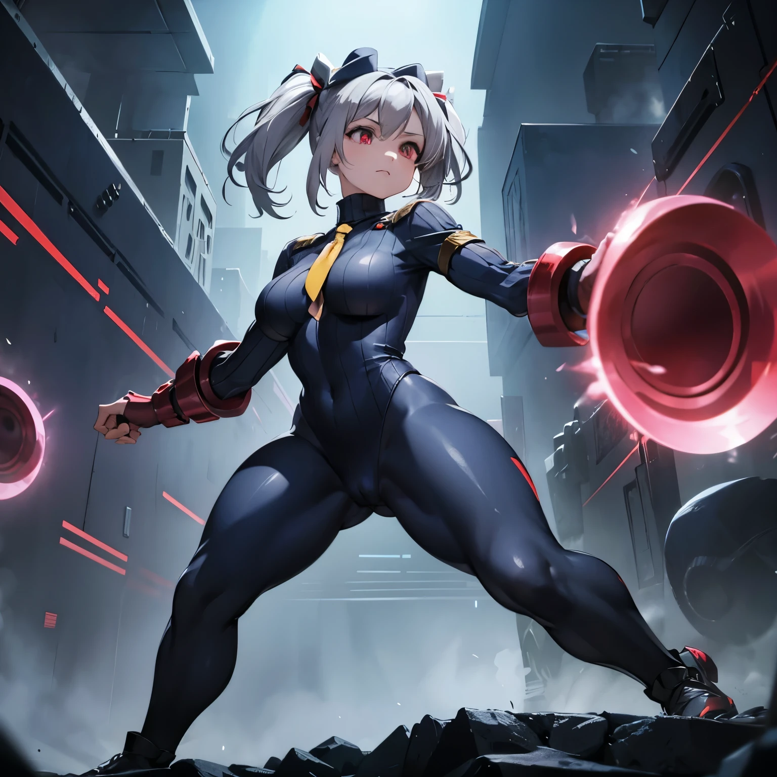 hat, necktie, gloves, ribbed bodysuit, expressionless, blank eyes, looking at viewer, corruption, mind control, female combatant, full body, hypnotized, unhappy trance, full body, obey, perfect female body, hypnosis, hypnoLora, empty eyes, Mind control device, poses, submissive_pose, Slave, standing straight, standing, standing at attention, Fighting Stance, extending the right arm from the shoulder into the air with a straightened hand, (((pixel-perfect, detail-perfect))), solo, 1girl, hair ornaments, medium hair, large breast, huge breast, solo,1girl,spasnormal,hair ribbon,red eyes,grey hair, twintails, sabrina, SPASNORMAL
