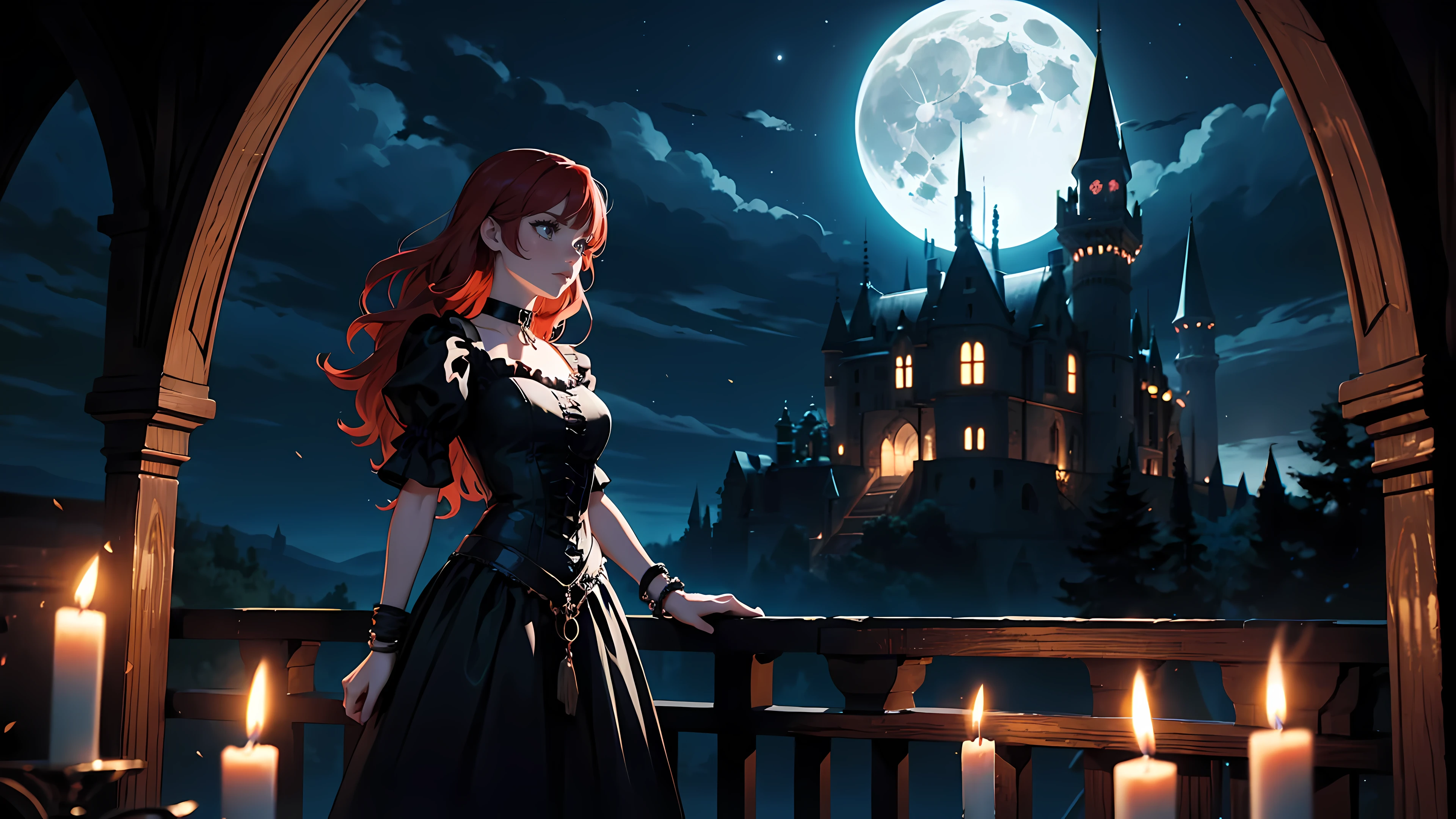 ((1girl)), long red hair, choker collar, bracelets, long Victorian style black dress, standing, cowboy shot, gothic castle, night, nighttime, one moon, moonlight, candles, candlelight, dramatic lighting, cinematic lighting, 
