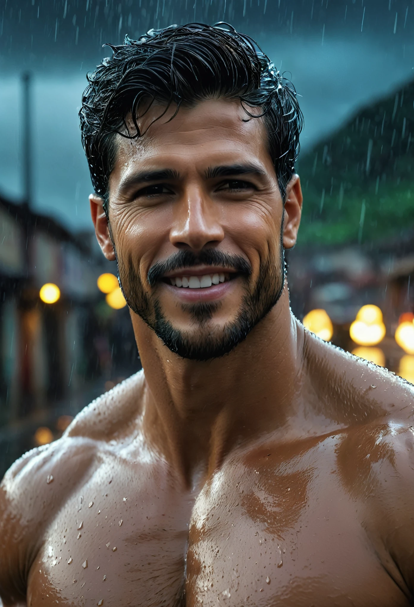 realista:1.3,( fotorrealista, 8K, Fotos CRUDAS, Calidad premium, obra maestra, epic lighting. de cerca, Imagen centrada), (primer plano),((1 hombre hermoso sonrrisa hermosa, self-confident well-formed muscles, post apocalyptic, guerrero, Rostro y cuerpo perfectamente detallados, (primer plano), escenario lluvioso, poor lighting due to rain,(( rostro y cuerpo mojados por la lluvia:1.5)),lightning lighting, dynamic pose, cabello hermoso y detallado, ropa de cuero)), ((Imaginativo scene)),((perfect, meticulously detailed.:1.3)), ((full shot: 1.4)), ((Best quality )), ((Masterpiece)), 3D, (hyper detailed: 1.3), ((Epic Scenery: 1.3)), ((night background: 1.3 ))), (((night:1.2))), ( photorealistic: 1.4), ((Front camera)),( (Low-light night cinematic lighting: 1.2)). 32