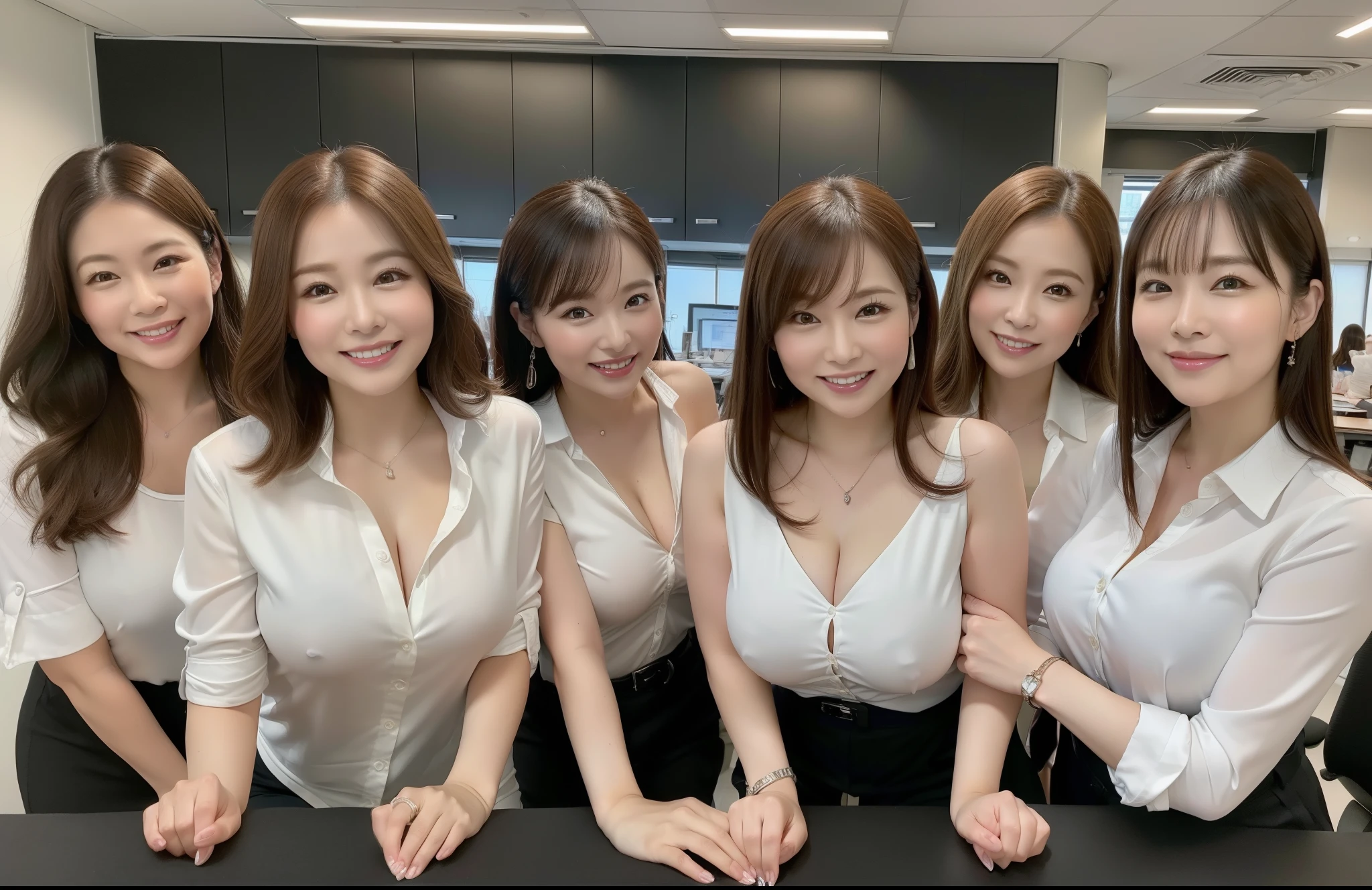 ((Best Quality, 8k, Masterpiecedetails, ultra-high resolution)), (group picture),(looking at the viewer), (full shot:), attractive business 5 milfs, 5 people, a bit chubby:0.15, seductive expression, (sitting on office desks)), smile, office of CEO,
