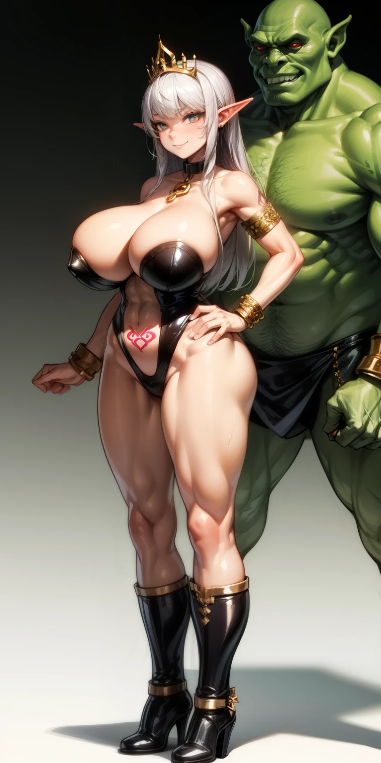 (2person: Dark elf girl and 1burly orc), long legs, silver meesy hair, big ears, high boots, corset, latex clothing, perfect contours, 1girl, (standing full body1.1), (full body:1.3), (huge breasts:1.2), (detailed pupils:1.1), abs, big knockers, golden chain collar, black choker, (golden bracers on wrists, golden shackles on legs), stomach tattoo (red tattoo) smirking lustful smile, looking to the camera, standing straight symmetrical, hands on hips, golden tiara, 