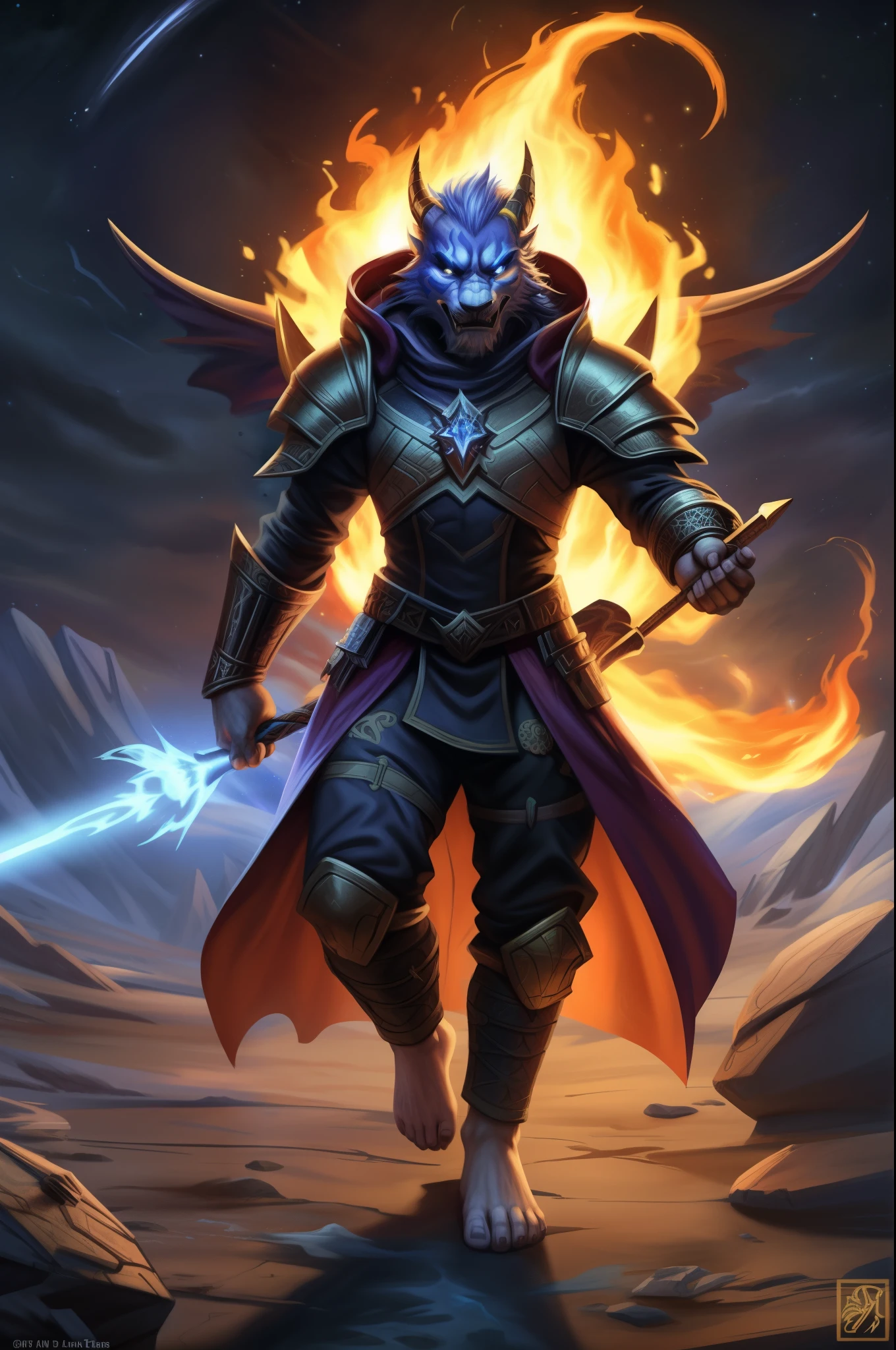 (((Barefoot furry character, full body, cinematic setting, male))) Sanctus Dominus Infernus ad astra Across the galaxy a new force of evil is rising Wizards of chaos fighting the throne of brave king of Dundee Entwined by mystic spells, they know where the sorcerer hidden Imprisoned in ice on the planet of Knights The powerful heroes of Crail Aeons of warfare returning No longer peace will survive The intergalactic great Empire of Fife will die For the king we will ride Through the dark galactic skies To defeat the foes When the chaos wizards rise Now the universe will burn Evil sorcerer returns Tragic fate rages tonight Chaos wizards rise! Sanctus Dominus Infernus ad astra BREAK, detailed background (modern lab), 8K, (masterpiece:1.5), intricate details, highly detailed, extreme detail, octane render, fine art, best quality, highres, (detailed face:1.5), ((full_body)), UHD, (((perfect hands)))