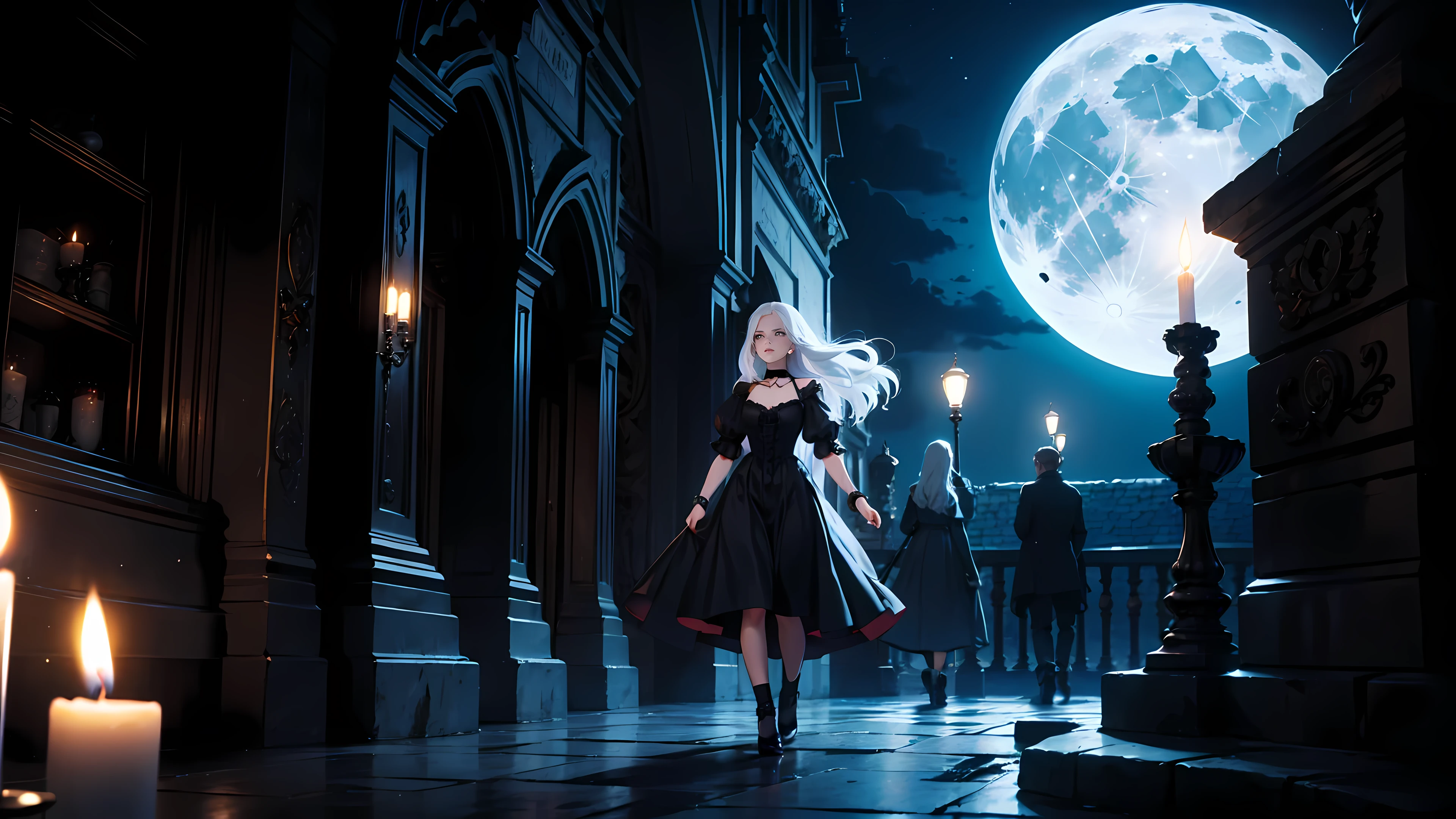 ((1girl)), long white hair, choker collar, bracelets, long Victorian style black dress, standing, cowboy shot, walking, gothic castle, night, nighttime, one moon, moonlight, candles, candlelight, dramatic lighting, cinematic lighting,