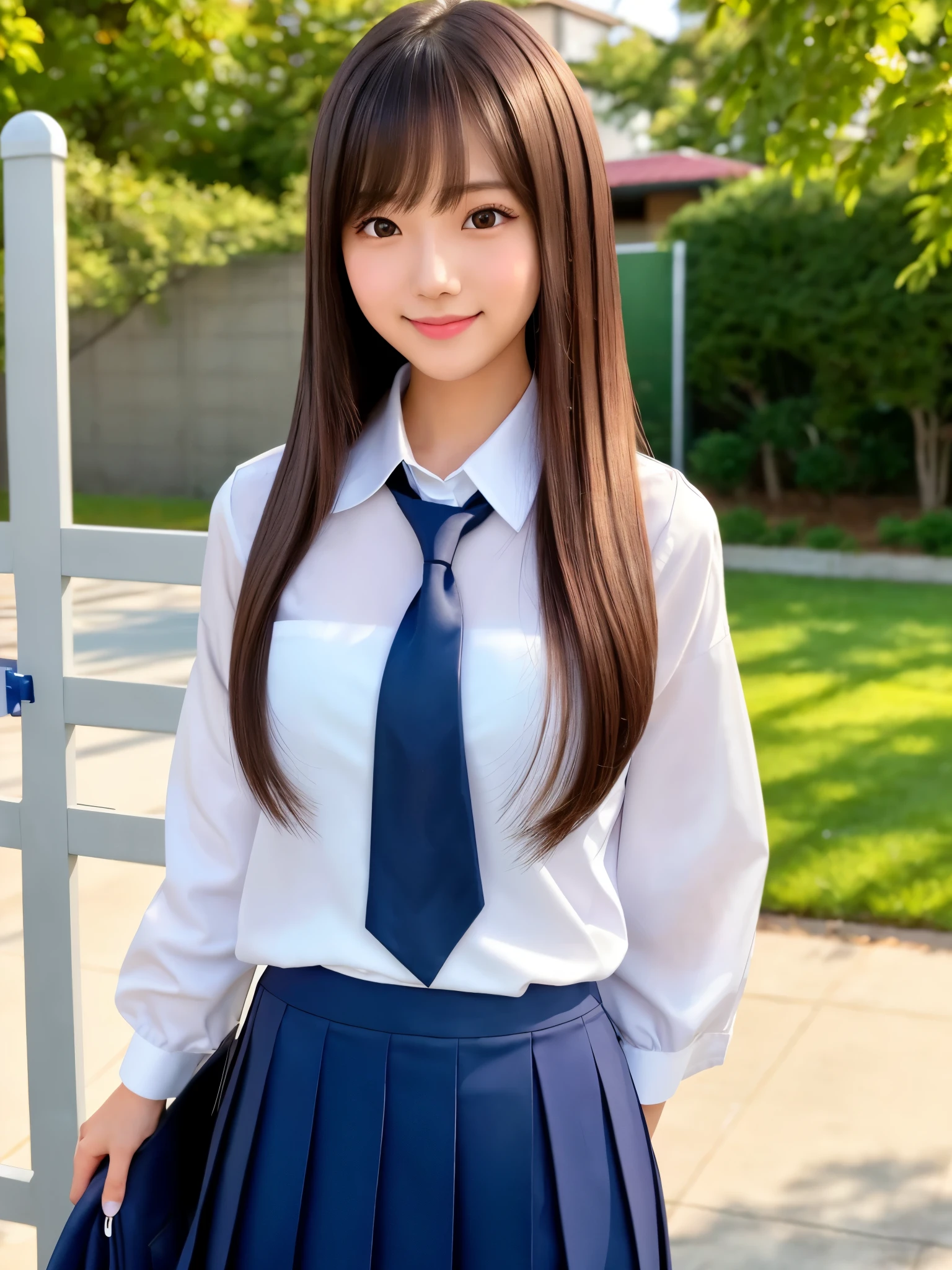 product quality, 1girl, upper body shot, front view, a Japanese young pretty girl, long bob hair, standing with a big smile in front of a crowded gate of a high school in the sunset, glamorous figure, wearing a white collared shiny satin shirt of long sleeves, shiny satin dark blue plain long tie, dark blue pleated long skirt, school bag over her shoulder, hyper cute face, glossy lips, double eyelids in both eyes, natural makeup, long eyelashes, shiny smooth light brown long bob hair, asymmetrical bangs, a tanned skin, central image, high resolution, high detail, detailed hairstyle, detailed face, spectacular cinematic lighting, octane rendering, vibrant, hyper realistic, perfect limbs, perfect anatomy