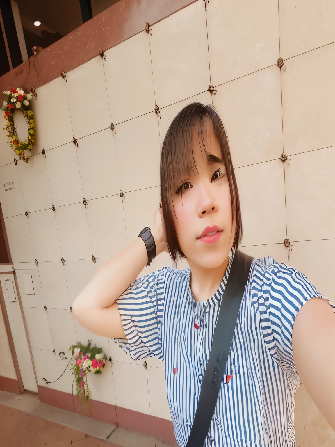 there is a woman that is taking a selfie with her cell phone, wearing stripe shirt, with short hair, photo taken with canon 5d, selfie of a young woman, taken with canon 8 0 d, taken with sony alpha 9, taken with canon eos 5 d mark iv, taken with canon eos 5 d, taken with the best dlsr camera