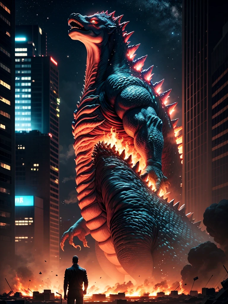 Godzilla,night,broken city,burning body,steaming body,red glowing body,ultra-detailed,sharp focus,aesthetic,(best quality)