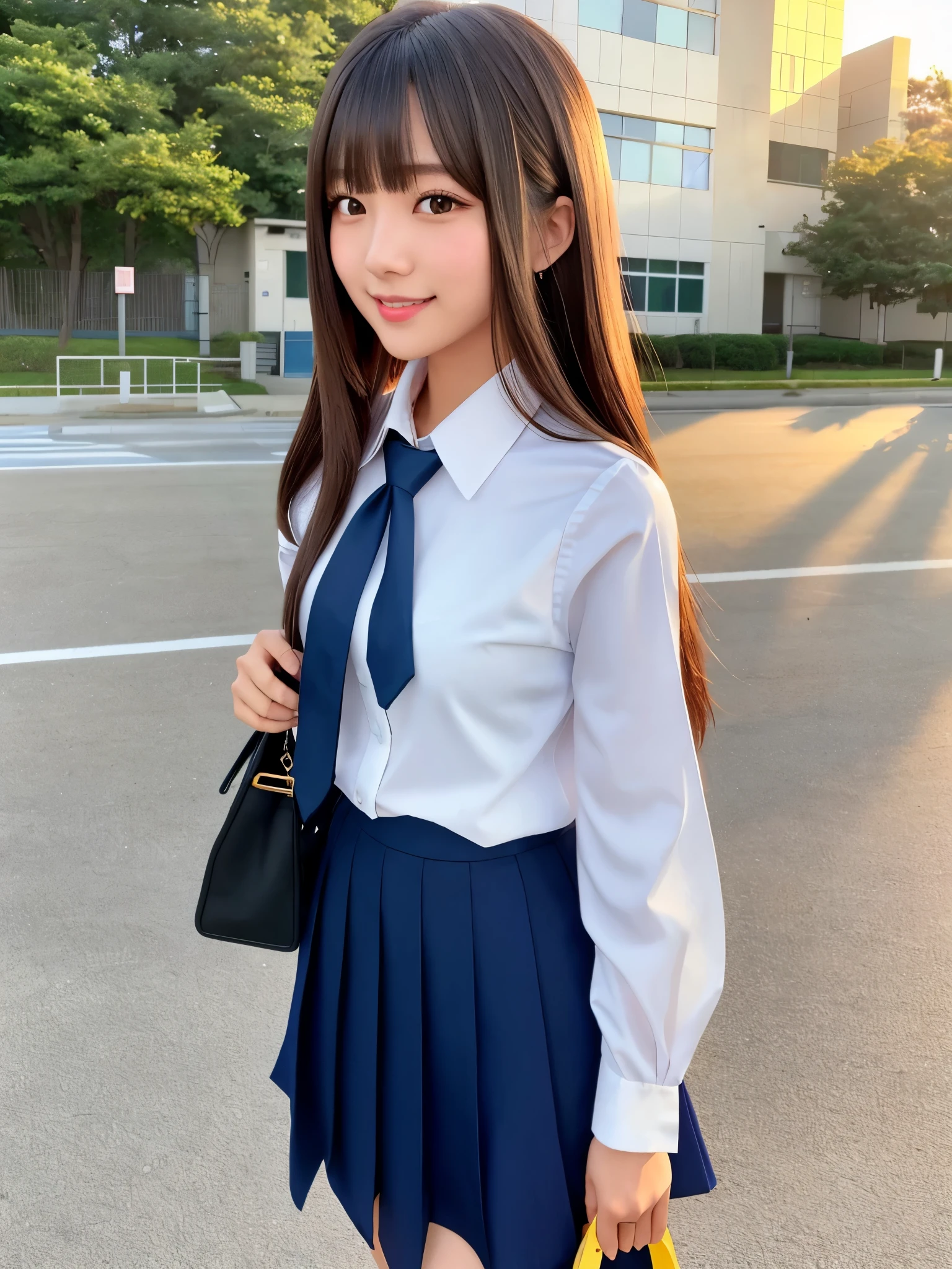 product quality, 1girl, upper body shot, front view, a Japanese young pretty girl, long bob hair, standing with a big smile in front of a crowded gate of a high school in the sunset, glamorous figure, wearing a white collared shiny satin shirt of long sleeves, shiny satin dark blue plain long tie, dark blue pleated long skirt, school bag over her shoulder, hyper cute face, glossy lips, double eyelids in both eyes, natural makeup, long eyelashes, shiny smooth light brown long bob hair, asymmetrical bangs, a tanned skin, central image, high resolution, high detail, detailed hairstyle, detailed face, spectacular cinematic lighting, octane rendering, vibrant, hyper realistic, perfect limbs, perfect anatomy