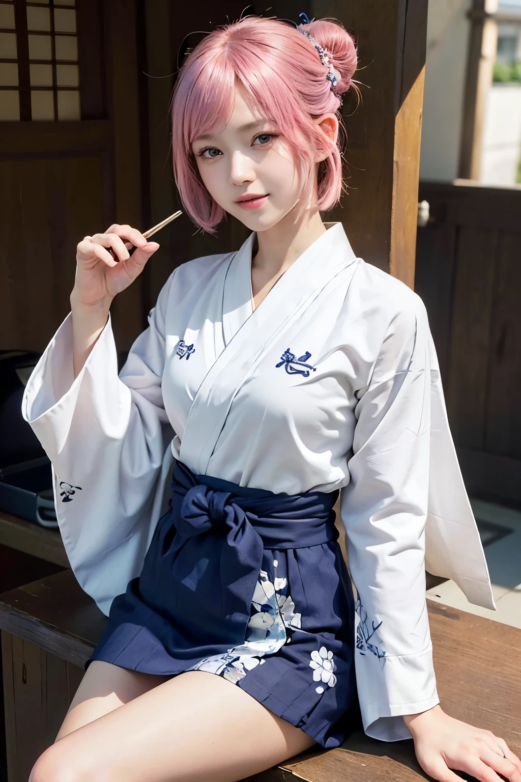 (8K, highest quality, masterpiece:1,2), (realistic, Photoreal:1.37), Super detailed, one girl,), (very detailed), (detailed and beautiful eyes), (highest qualityの), (Super detailed ), (masterpiece), (detailed face),20-year-old, ,1 girl, ((pink hair,very short hair)), medium breasts, dressed, perfect lighting, break (navy blue haori:1.3), (white collar:1.2), (three quarter sleeves:1.2), (white kimono:1.4), (nature motif pattern:1.2), (navy blue hakama:1.3), (Ankle length:1.2), (The hem is not too wide either、:1.2), (white obi:1.4), (simple knot:1.2), (white foot bag:1.2), (Black geta:1.2), (low height:1.2), (Easy to walk:1.2), (bun hair:1.2), (hair ornaments:1.2), (flowers and pieces of paper:1.2), break bun hair, flowers and pieces of paper hair ornaments, smile, friendly, looking at camera, hold soba with right hand, Holding chopsticks with left hand, Please do not put soup on the soba., In front of the soba shop counter, Wall with menu and photos, Natural light, Adding soft shadows to the face