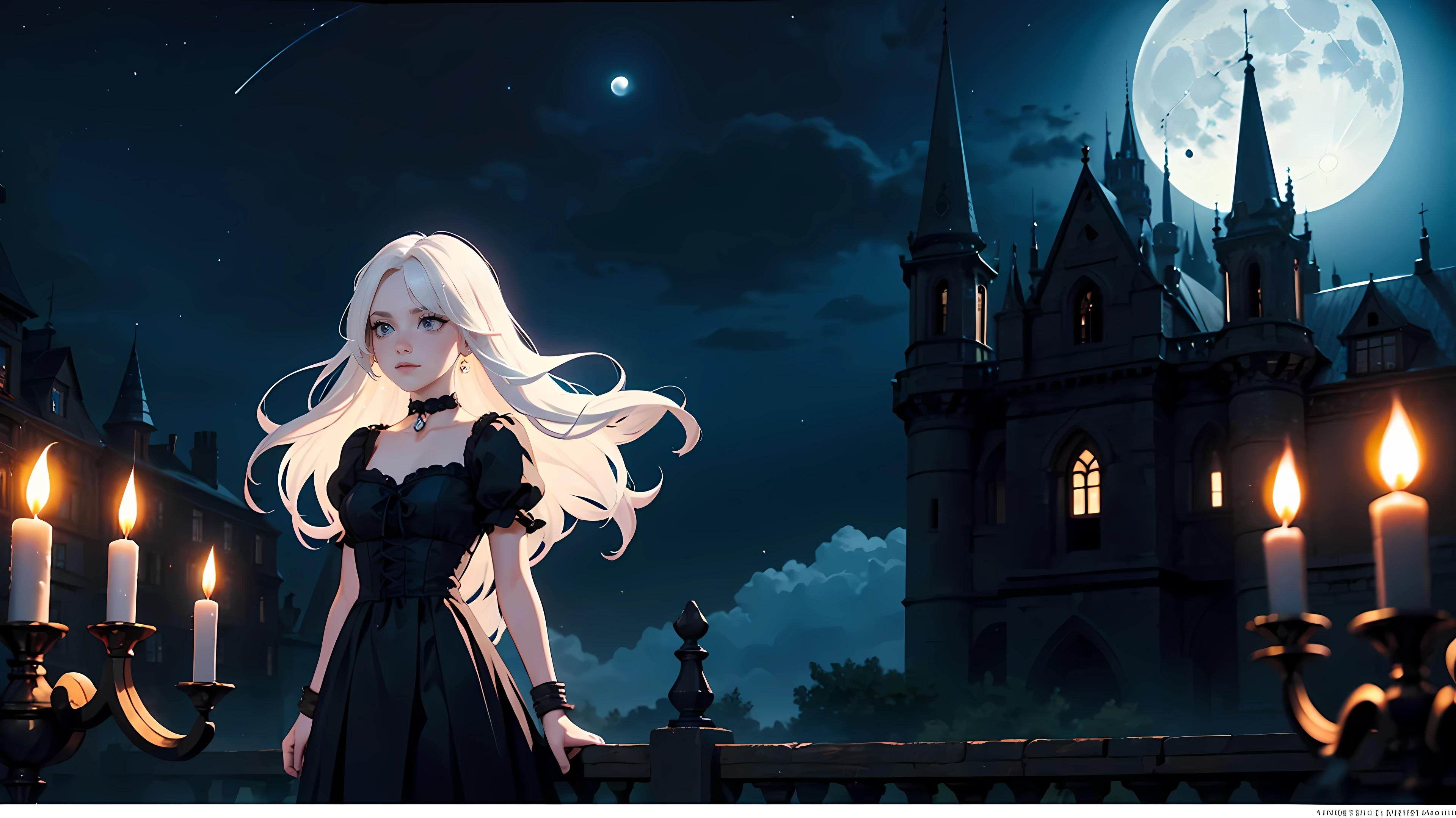 ((1girl)), long white hair, choker collar, bracelets, long Victorian style black dress, standing, cowboy shot, gothic castle, night, nighttime, one moon, moonlight, candles, candlelight, dramatic lighting, cinematic lighting,