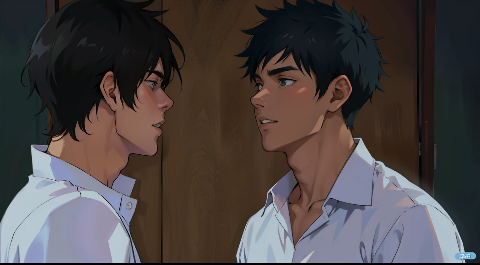 teen anime scene two handsome  boys get close