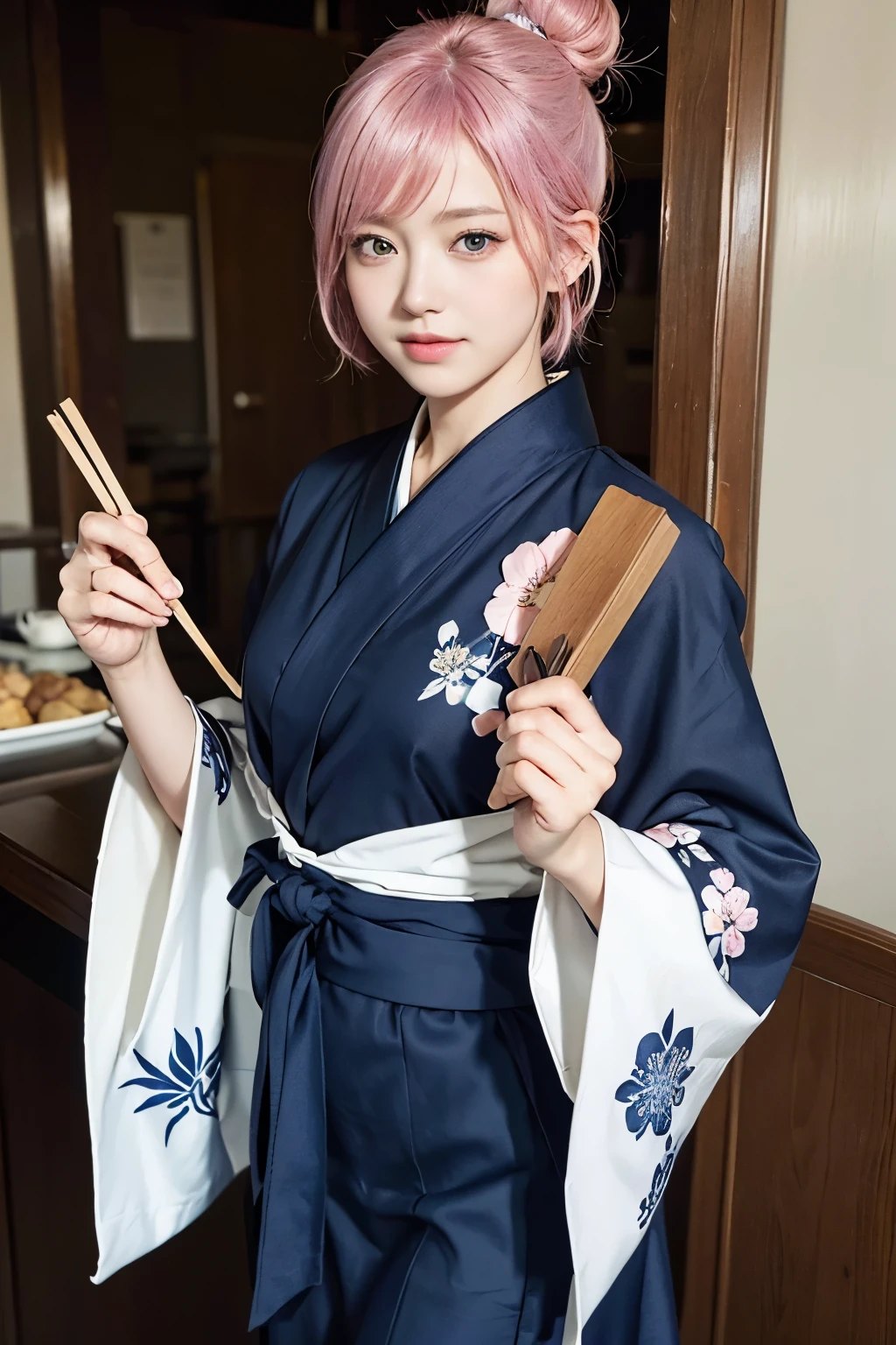 (8K, highest quality, masterpiece:1,2), (realistic, Photoreal:1.37), Super detailed, one girl,), (very detailed), (detailed and beautiful eyes), (highest qualityの), (Super detailed ), (masterpiece), (detailed face),20-year-old, ,1 girl, ((pink hair,very short hair)), medium breasts, dressed, perfect lighting, break  (navy blue haori:1.3), (white collar:1.2), (three quarter sleeves:1.2), (white kimono:1.4), (nature motif pattern:1.2), (navy blue hakama:1.3), (Ankle length:1.2), (The hem is not too wide either、:1.2), (white obi:1.4), (simple knot:1.2), (white foot bag:1.2), (Black geta:1.2), (low height:1.2), (Easy to walk:1.2), (bun hair:1.2), (hair ornaments:1.2), (flowers and pieces of paper:1.2), break bun hair, flowers and pieces of paper hair ornaments, smile, friendly, looking at camera, hold soba with right hand, Holding chopsticks with left hand, Please do not put soup on the soba., In front of the soba shop counter, Wall with menu and photos, Natural light, Adding soft shadows to the face
