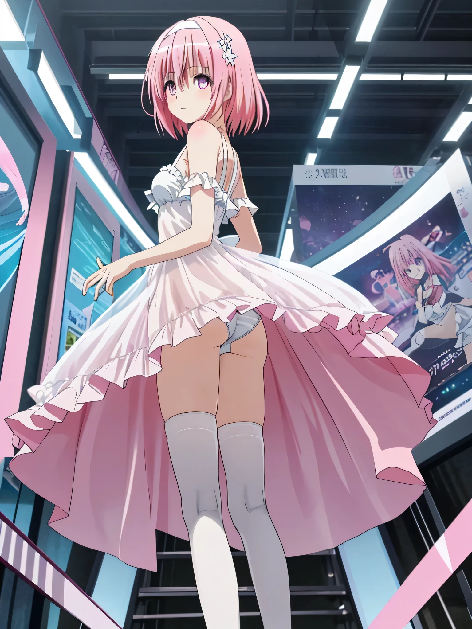 Mast, best quality, 1 girl, momo belia deviluke\ (to love ru), glass pink hair, glass eyes, short hair, headband, hair accessories, looking at the audience, front view, hands out if frame, see through undergarments, pale white skin, ass plug fox tail, sniffing white torn panty, torn pantyhose, attractive legs, legs on frame, beautiful legs,hand under panty, uncensored, nsfw, ropa extremadamente delgada y ligera transparente como el aire