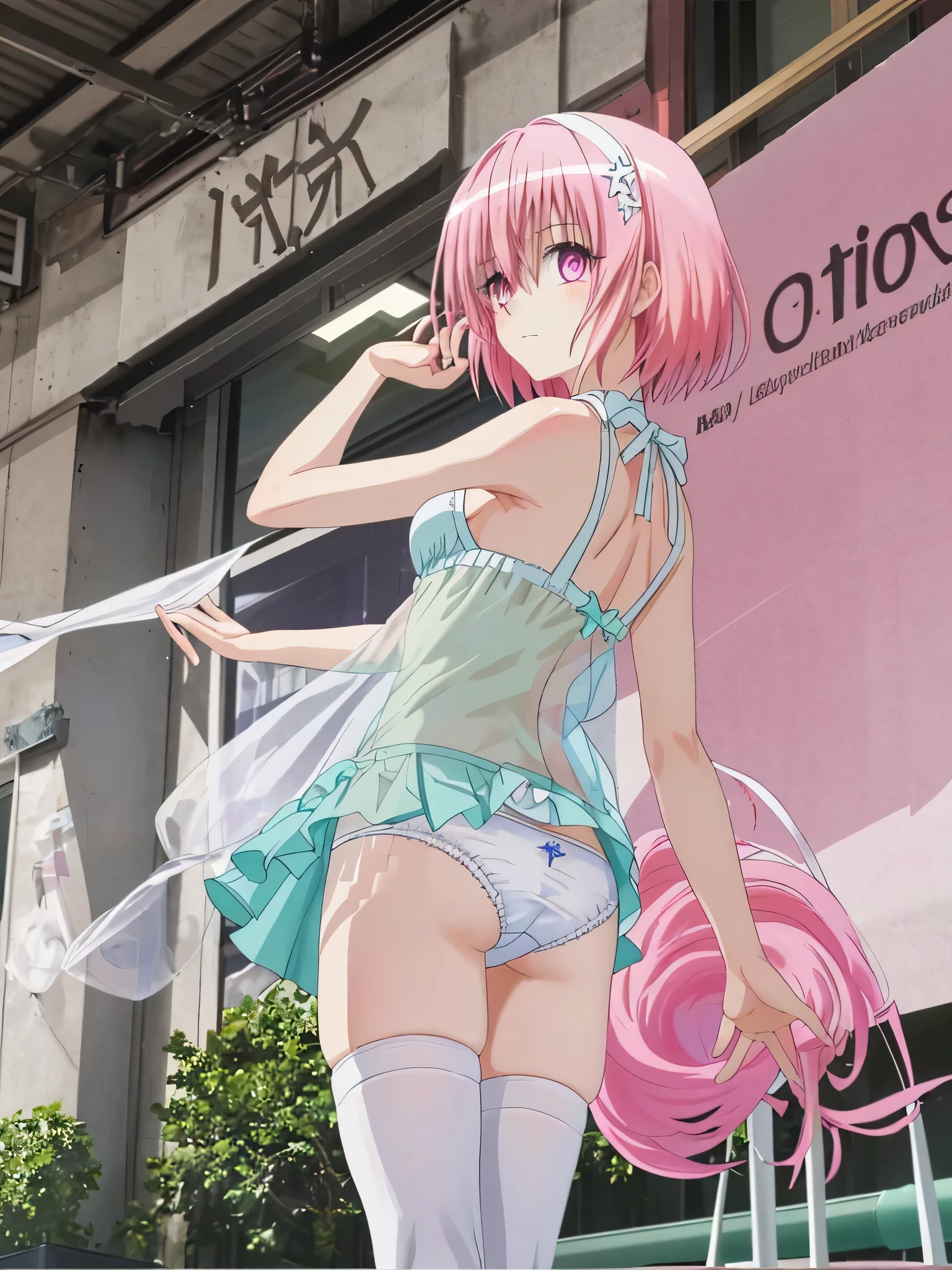 Mast, best quality, 1 girl, momo belia deviluke\ (to love ru), glass pink hair, glass eyes, short hair, headband, hair accessories, looking at the audience, front view, hands out if frame, see through undergarments, pale white skin, ass plug fox tail, sniffing white torn panty, torn pantyhose, attractive legs, legs on frame, beautiful legs,hand under panty, uncensored, nsfw, ropa extremadamente delgada y ligera transparente como el aire