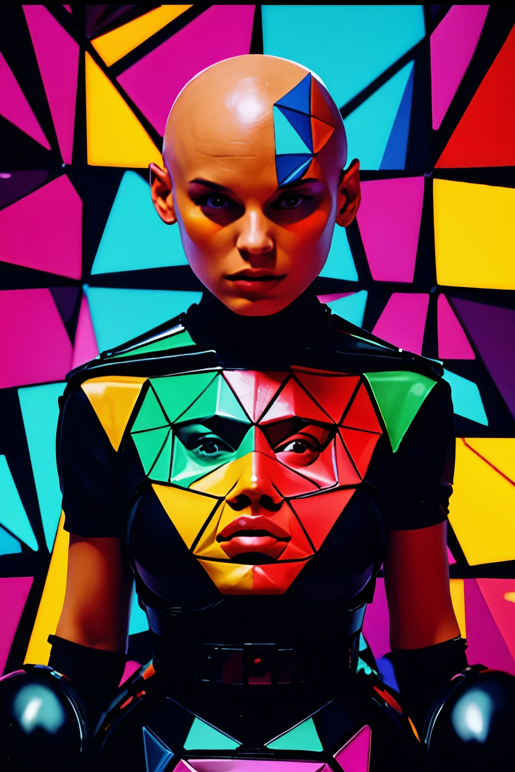 polygonal bald girl, colourful caleidoscope psychedelic background
