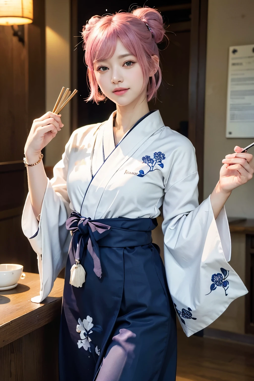 (8K, highest quality, masterpiece:1,2), (realistic, Photoreal:1.37), Super detailed, one girl,), (very detailed), (detailed and beautiful eyes), (highest qualityの), (Super detailed ), (masterpiece), (detailed face),20-year-old, ,1 girl, ((pink hair,very short hair)), medium breasts, dressed, perfect lighting, break (navy blue haori:1.3), (white collar:1.2), (three quarter sleeves:1.2), (white kimono:1.4), (nature motif pattern:1.2), (navy blue hakama:1.3), (Ankle length:1.2), (The hem is not too wide either、:1.2), (white obi:1.4), (simple knot:1.2), (white foot bag:1.2), (Black geta:1.2), (low height:1.2), (Easy to walk:1.2), (bun hair:1.2), (hair ornaments:1.2), (flowers and pieces of paper:1.2), break bun hair, flowers and pieces of paper hair ornaments, smile, friendly, looking at camera, hold soba with right hand, Holding chopsticks with left hand, Please do not put soup on the soba., In front of the soba shop counter, Wall with menu and photos, Natural light, Adding soft shadows to the face